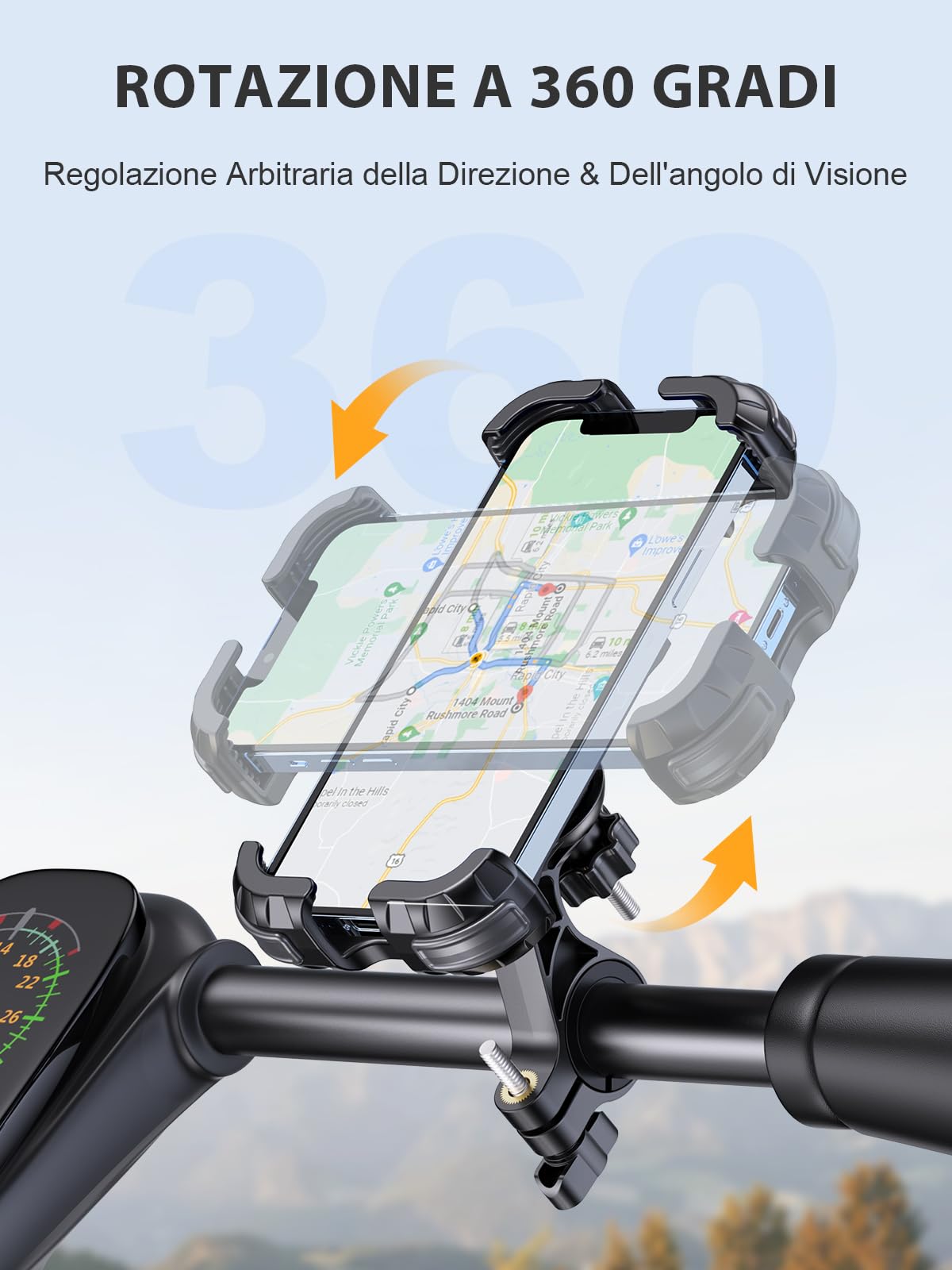 CIRYCASE Porta Cellulare Bici, Aggiornato Protezione & Blocco Sicurezza Ruotabile 360°, Universal Supporto Telefono Bici Moto/Scooter Manubrio Stabilizzatori e Ammortizzatori per 4.7-6.8" Smartphone