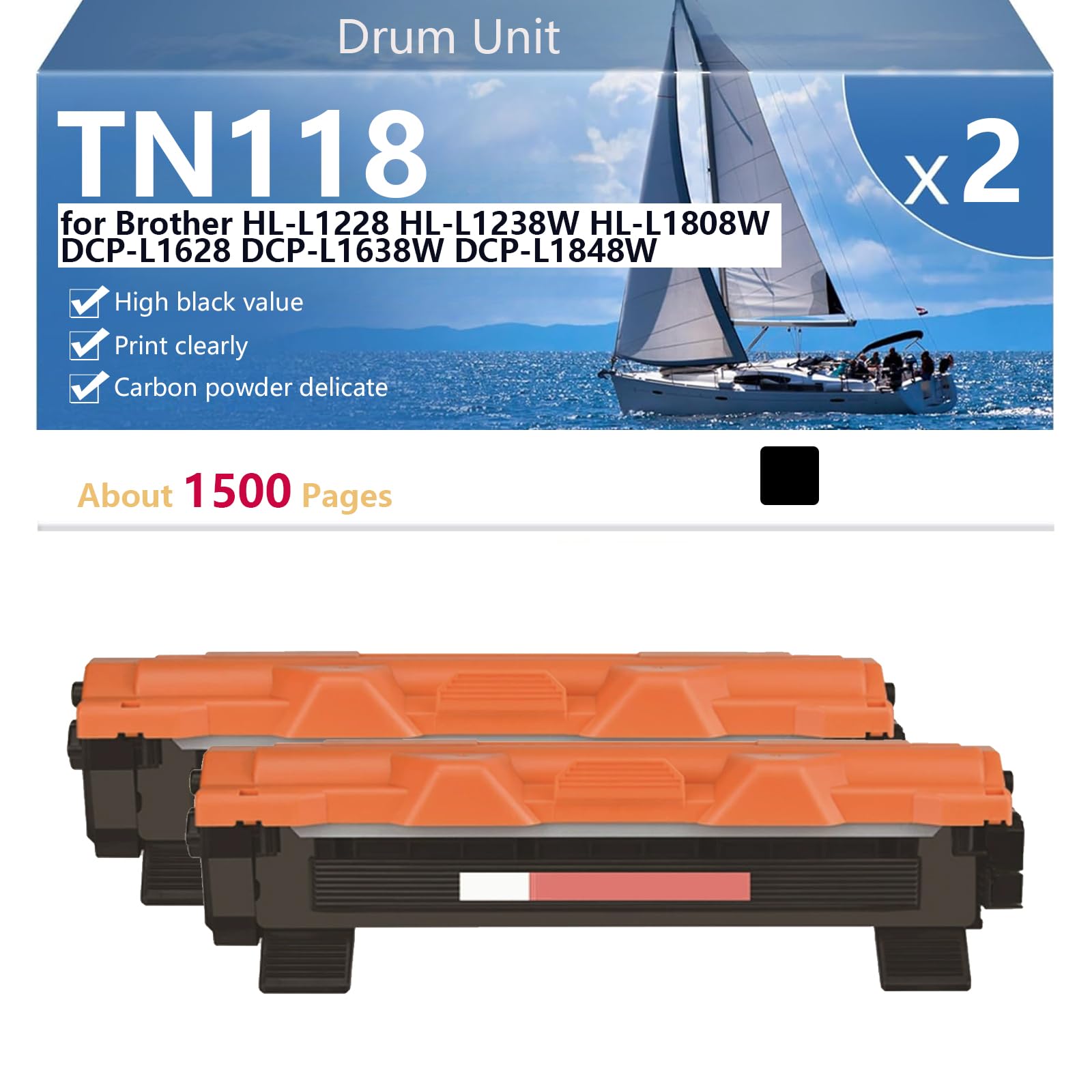 Cartuccia Toner TN118 ad alta Capacità Ricambio per Brother HL-L1228 HL-L1238W HL-L1808W DCP-L1628 DCP-L1638W DCP-L1848W Stampanti, 1500 Pagine, Stampe Nere Nitide,Black-2 pack