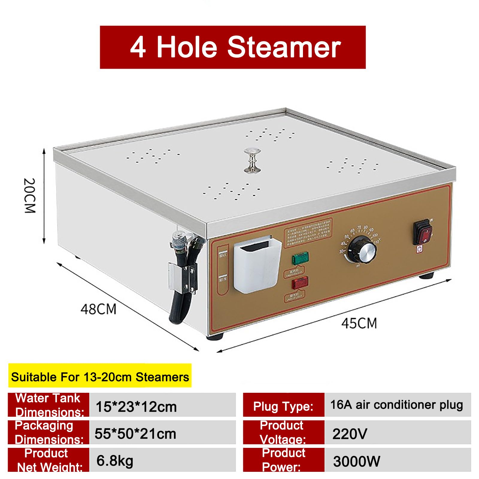 Vaporera Comercial para Bollos, Vaporera EléCtrica para Alimentos, Temperatura Ajustable 30-110°C, Vaporera Acero Inoxidable con Puerto Llenado Agua Y Alarma EbullicióN En Seco,4 Holes,Metallic
