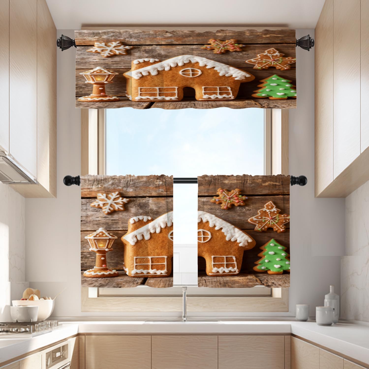 Batmerry Gingerbread Cookie Valance Curtains,Couple Christmas Homemade Gingerbread Window Treatment Kitchen Valances Multilayer Polyester Blackout for Living Room/Bathroom, 52x18 inches
