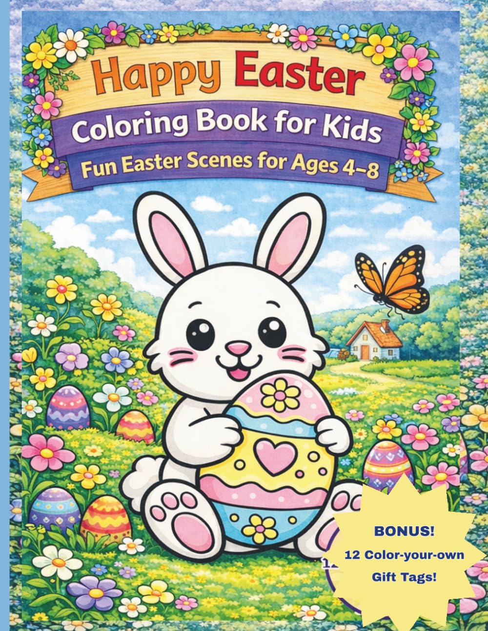 Happy Easter Coloring Book for Kids: Fun Easter Scenes for Ages 4–8 with Coloring Pages Activities and Gift Tags