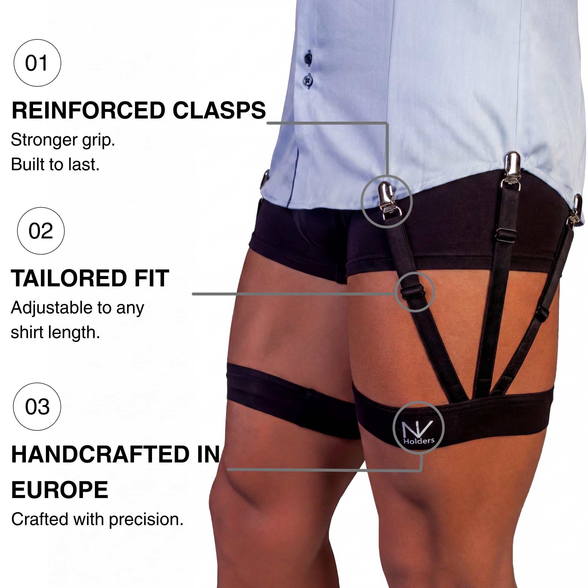 NV Holders: S-Holder – supporti per camicie di alta qualità, reggicalze, giarrettiere per camicie da uomo