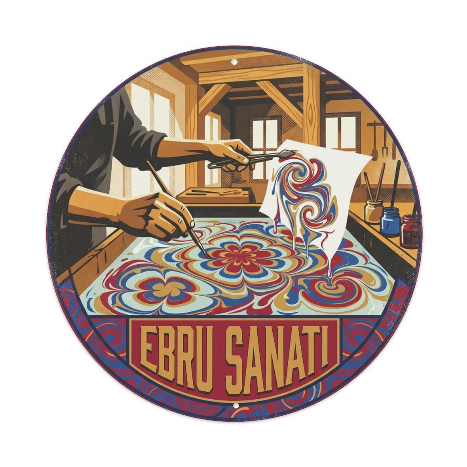 Ebru Marbling Turkish Craft Culture Vintage Metal Tin Sign