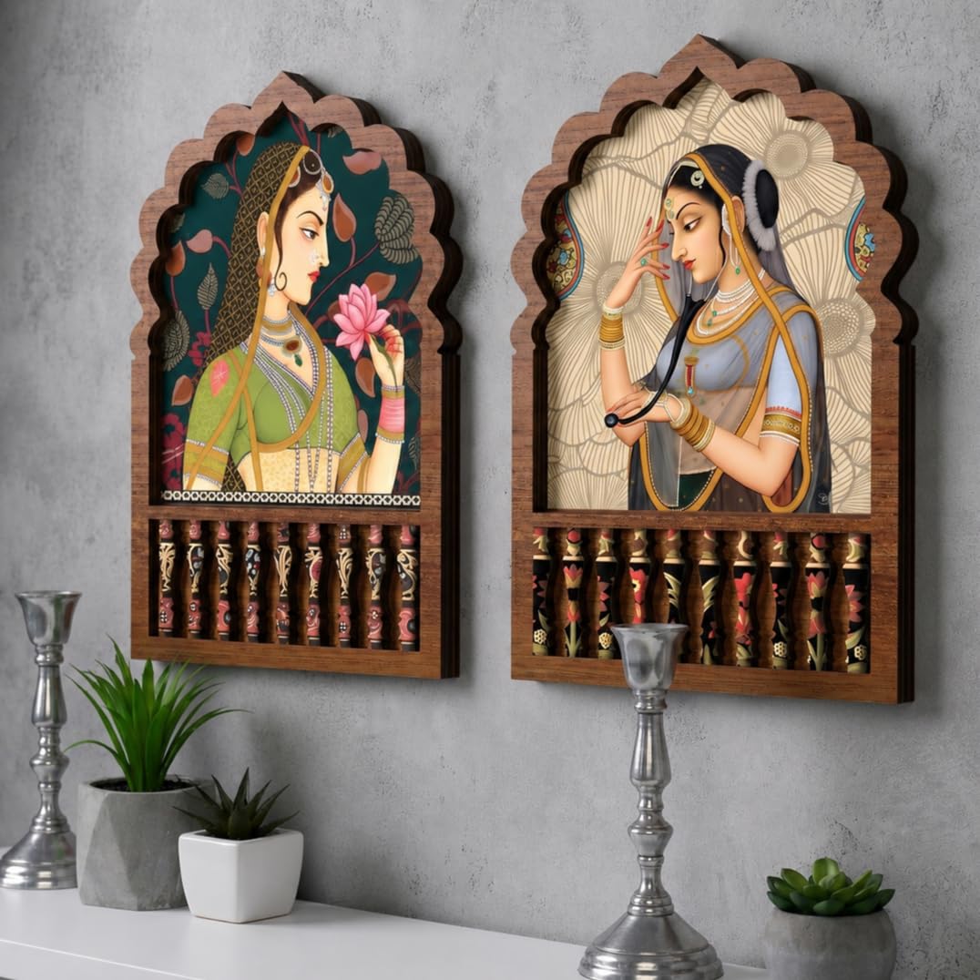 GoArt MDF Jharokha Wall Decor Set of 2 | Rajasthani Traditional Lady MDF Wall Decor | mdf Wooden Jharokha Wall Hanging | Vintage Ethnic Home Decor for Living Room Bedroom Office | Decorative Wall Art Gift Item 12x16 inch