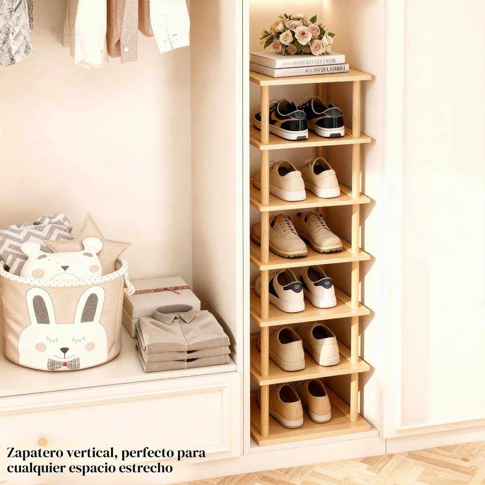 Aniston Zapatero de bambú de 7 niveles, zapatero vertical para espacios pequeños, organizador de zapatos alto y estrecho para garaje, armario, puerta, esquina, sala de estar, espacios pequeños