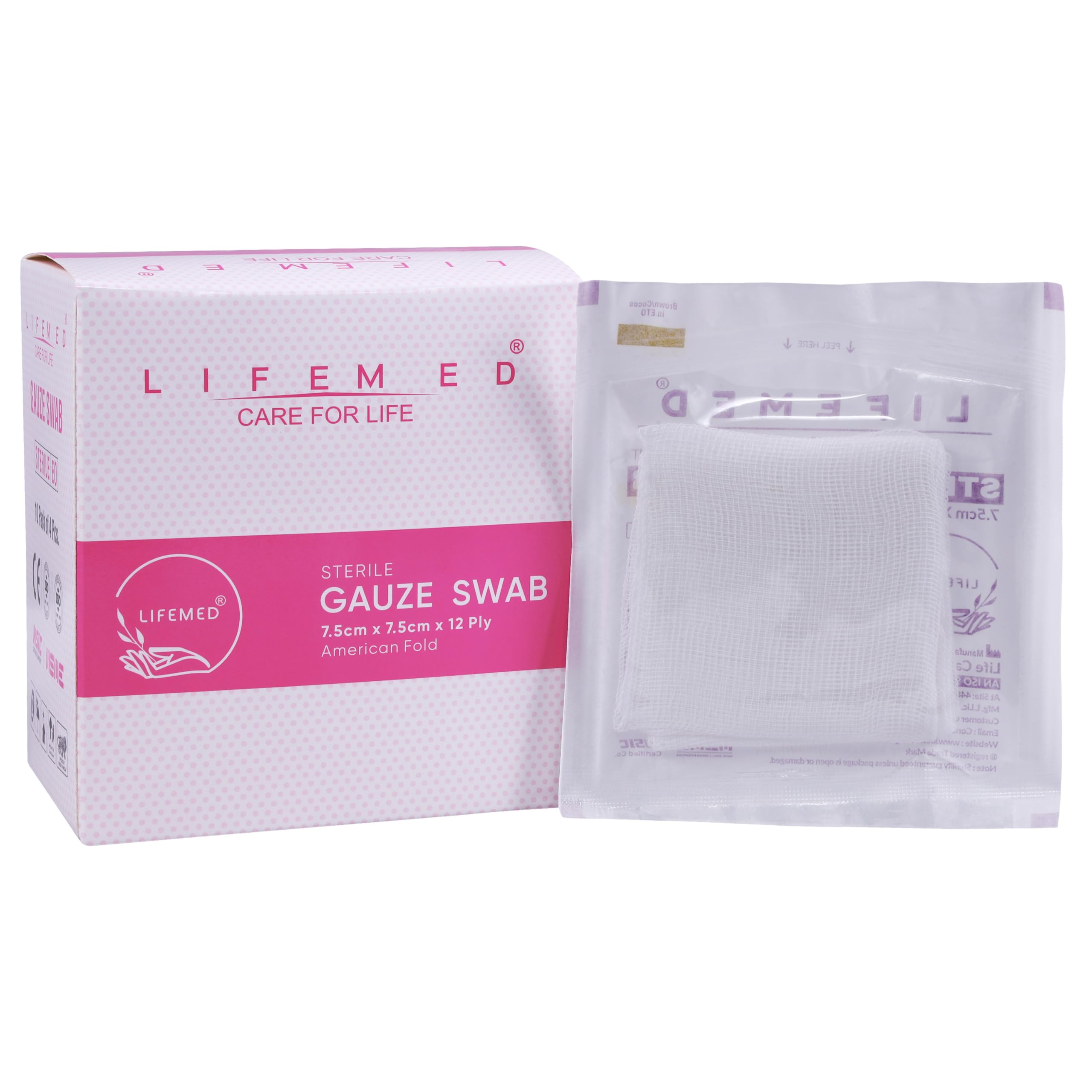 LIFEMED Absorbent Sterile Gauze Swab 7.5cm x 7.5cm x 12Ply Type-17 | Gauze Swab For Wound Dressing & First Aid (Box of 10 Pouch - 40 Nos)
