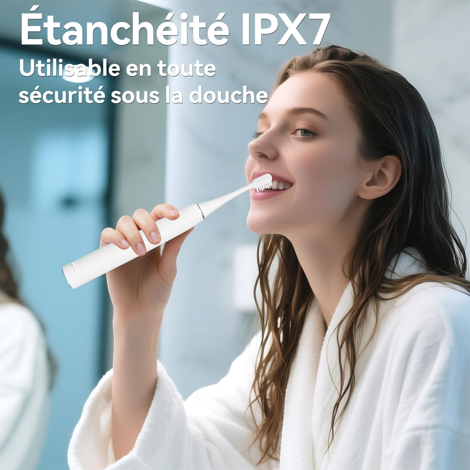 Seago brosse à dent électrique, brosse a dent sonique avec capteur de pression, 60 jours pour voyager, 8 têtes et porte brosse à dents electrique, 5 modes, IPX7, SG2782,Blanc