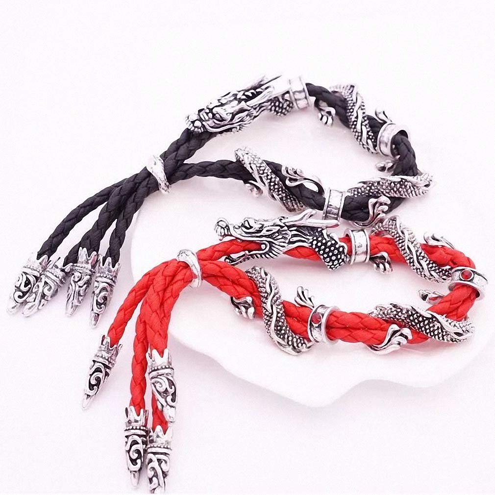 Pulseras de plata antiguas con estilo vintage con cuerda roja de cristal de diamantes de imitación de dragón para mujer, Acero aleado 6