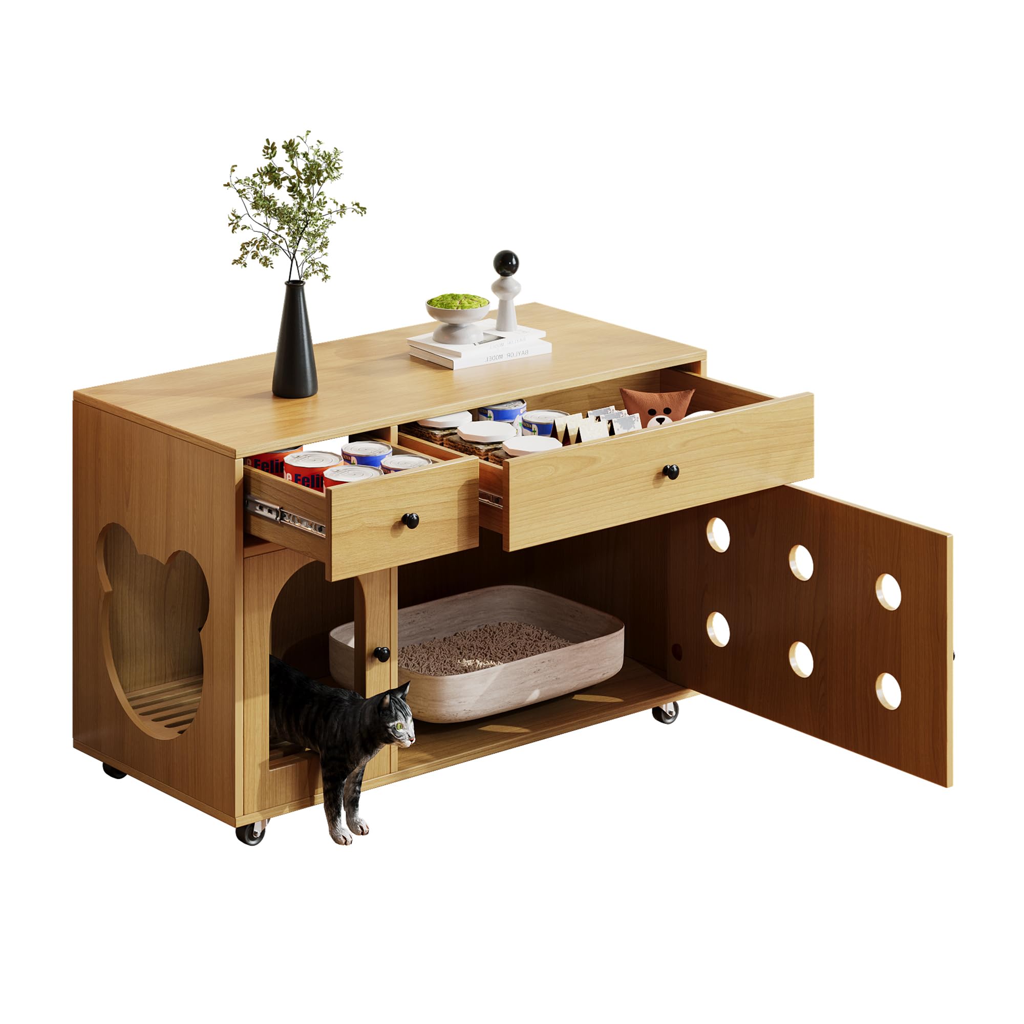 Katzenkloschrank (bewegliche Katzentoilette) – Katzenschrank/Katzenhaus mit abnehmbare Sandablassplatte, geruchsisoliert, ohne Katzenklo, 100×45×66 cm