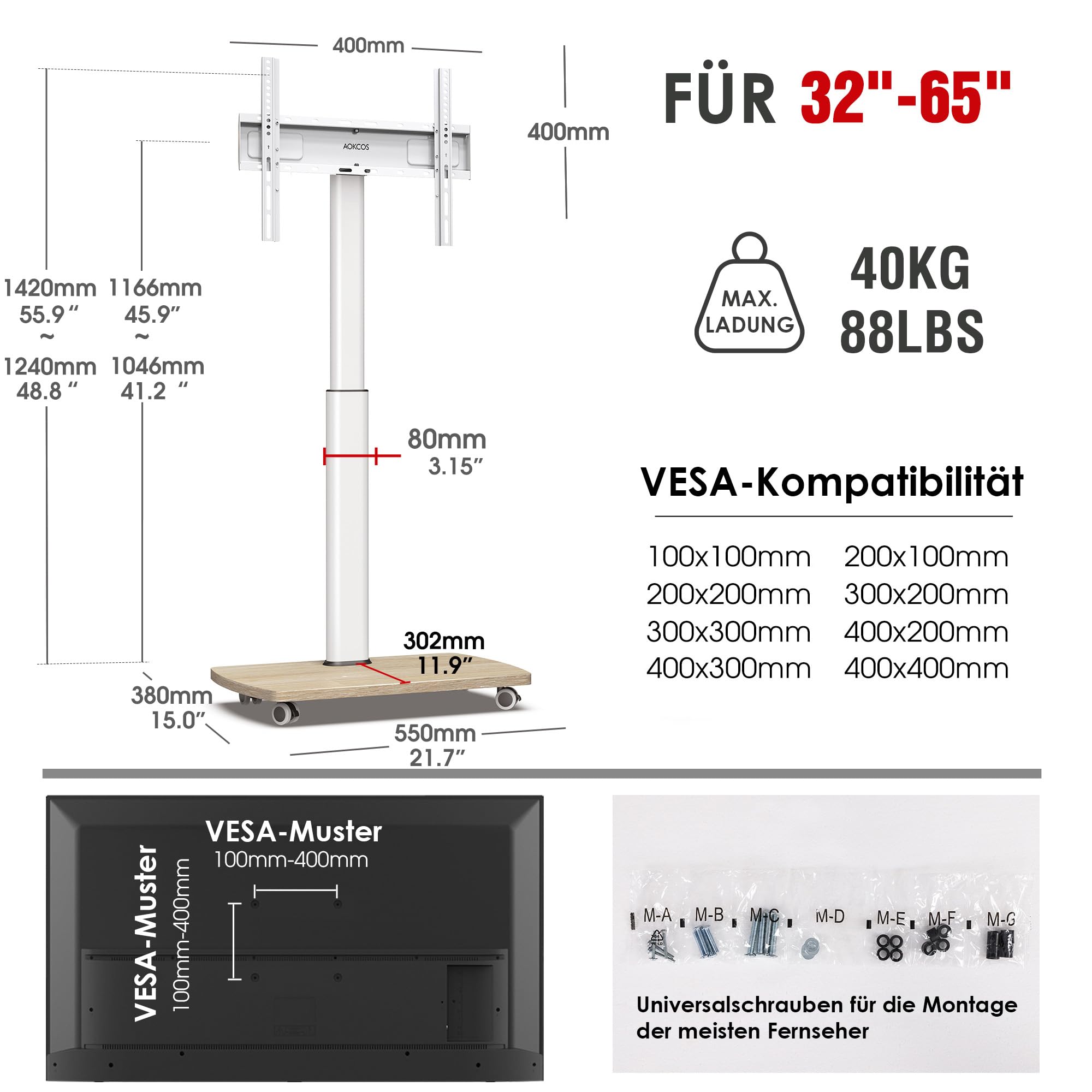 AOKCOS TV Ständer Rollbar mit Holzablage, Fernsehständer auf Rollen für 32-65 Zoll, Höhenverstellbar Schwenkbar, bis 40 kg, VESA 400x400mm (Weiß+Natur)