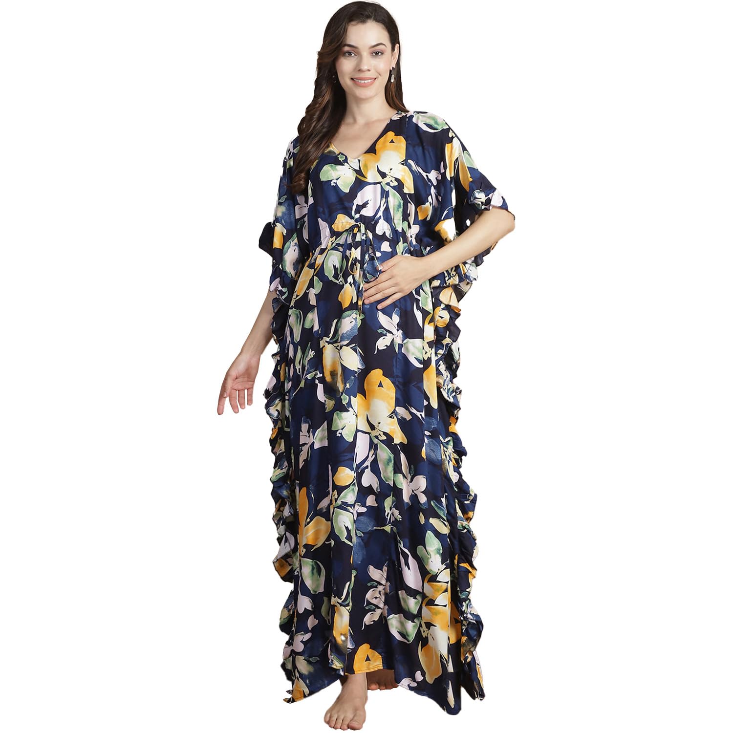 Rayon Maternity Kaftan Nighty/Free Size/Feeding/Nursing/Zipper/Drawstring/Printed/Full Length