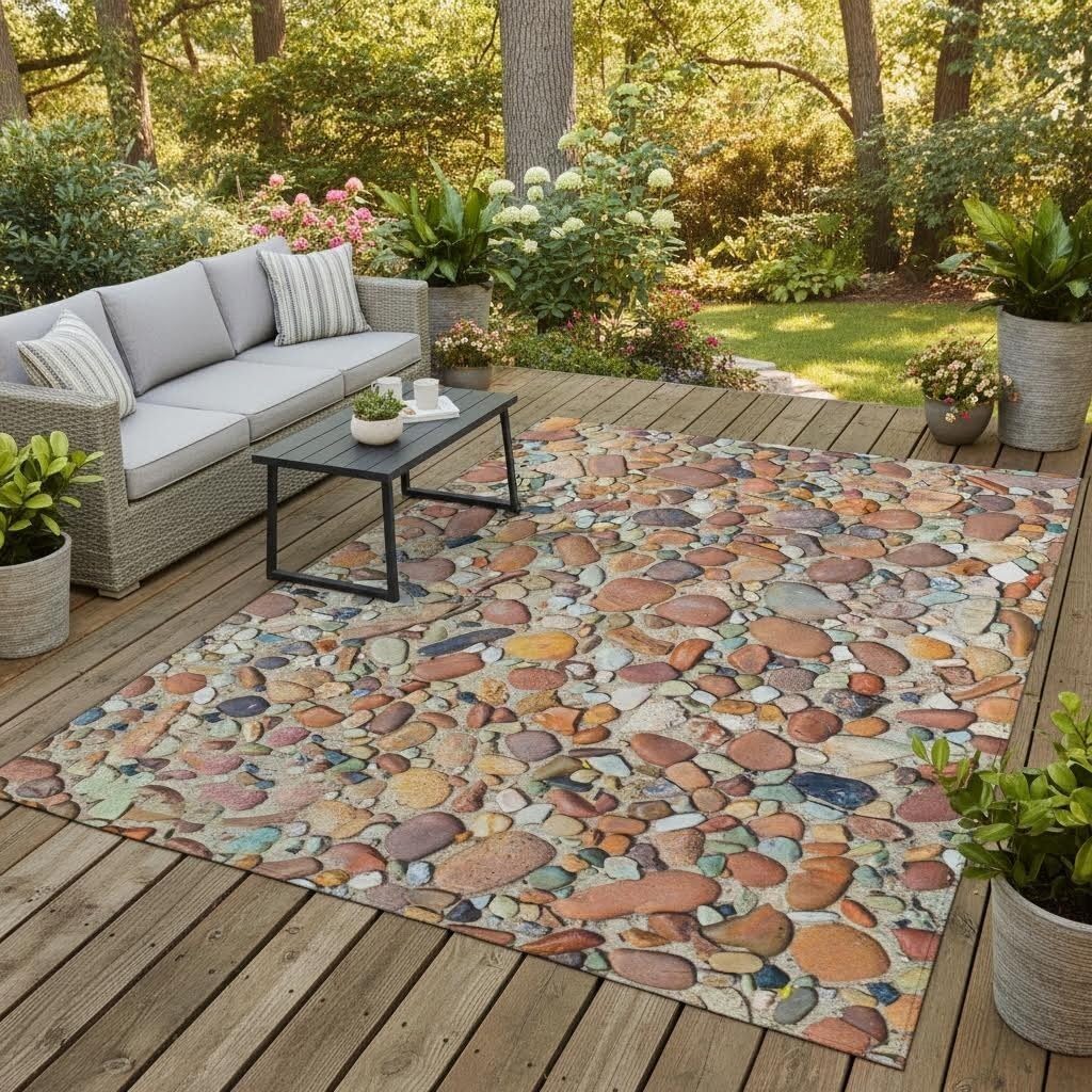 Seaside Bright Colorful Pebbles Modern Outdoor Area Rug for Patio Deck Backyard Waterproof Non Slip Thin Machine Washable Floorcover Rugs Pool Porch Balcony Garden Camping Art Decor Carpets 5x7