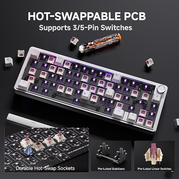 TMKB T68E Gaming Keyboard, 60% Mechanical Keyboard, Gasket Structure with Button, US Layout, Hot Swap, RGB, Linear Switch, 66 Keys Compact Mini Keyboard for Windows/macOS/Linux - White - 3