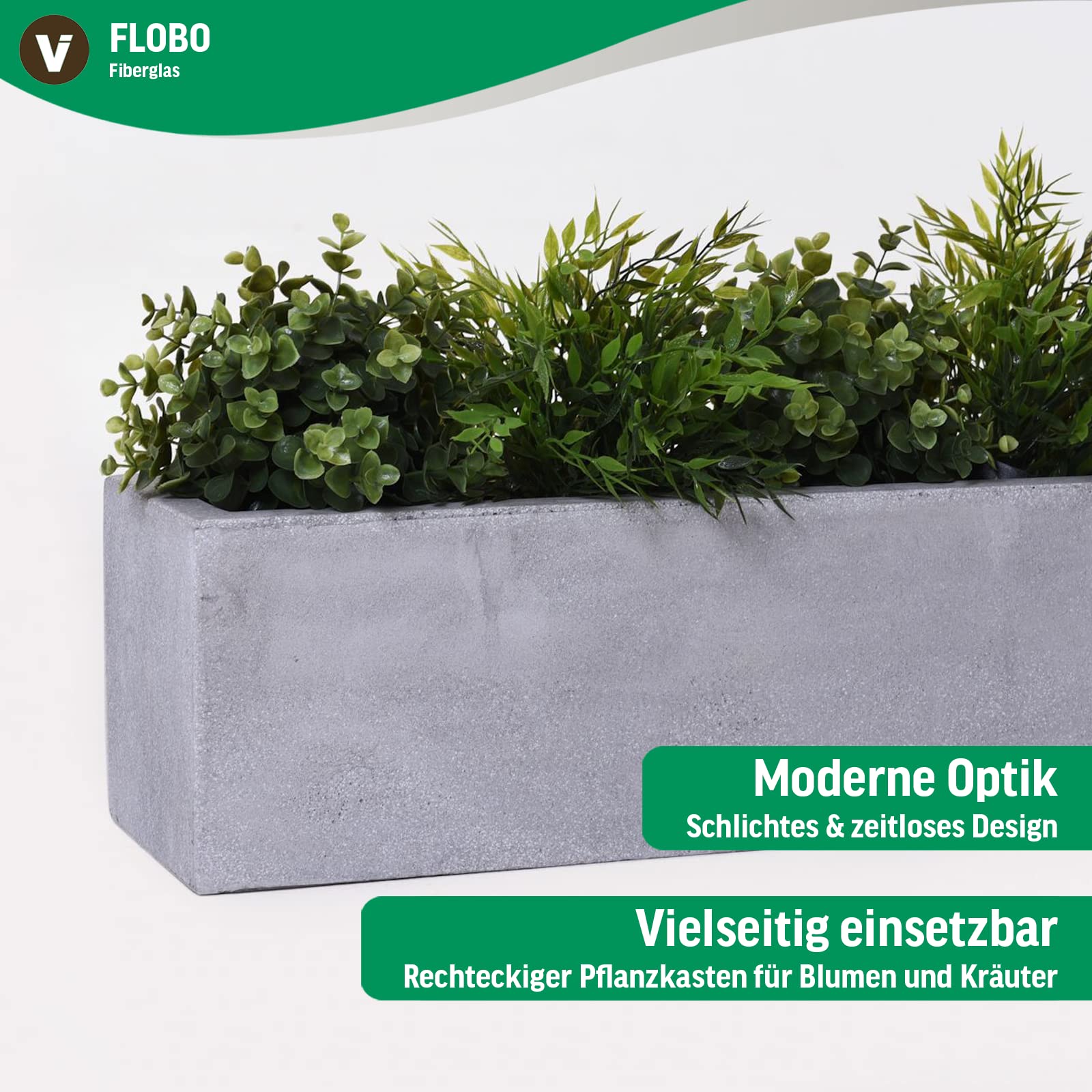 VIVANNO Blumenkasten Balkonkasten Pflanzkasten Fiberglas FLOBO Beton-Optik grau - 15x60x17 cm
