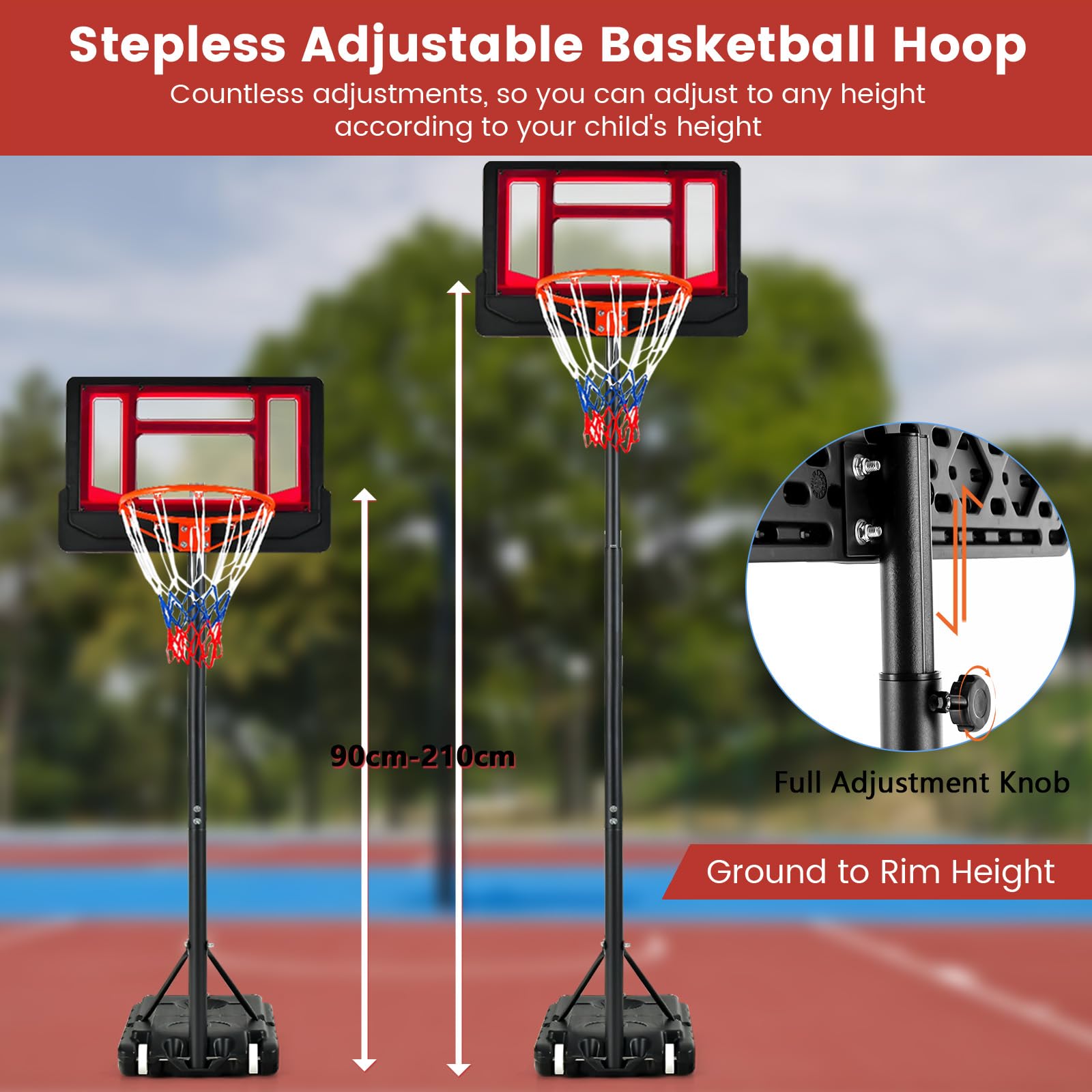 KOMFOTTEU Canestro Basket per Esterno da Pavimento, Canestro da Basket ad Altezza Regolabile 154-210 cm, Supporto da Basket con Base, Portatile con Ruote, Pallacanestro per Interno