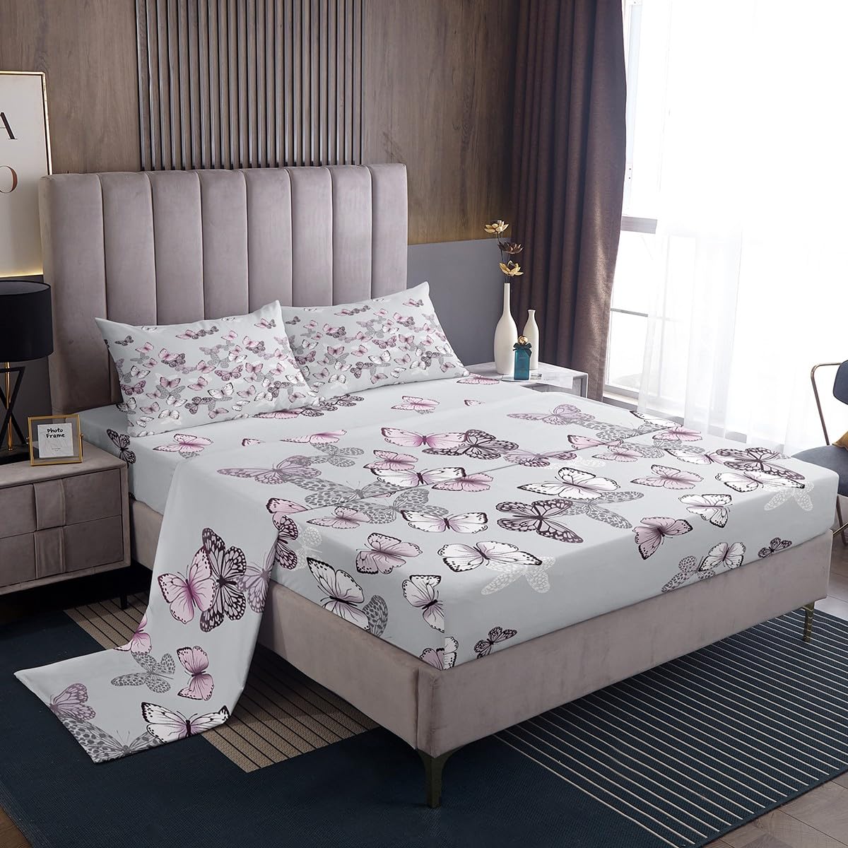 Homemissing Butterfly Bed Sheet Set King Size for Girls Adults Women Kids Butterflies Print Bedding Set Princess Style Sheet with Deep Pocket Fitted Sheet+2 Pillowcase Animal Theme Bed Sheet Set
