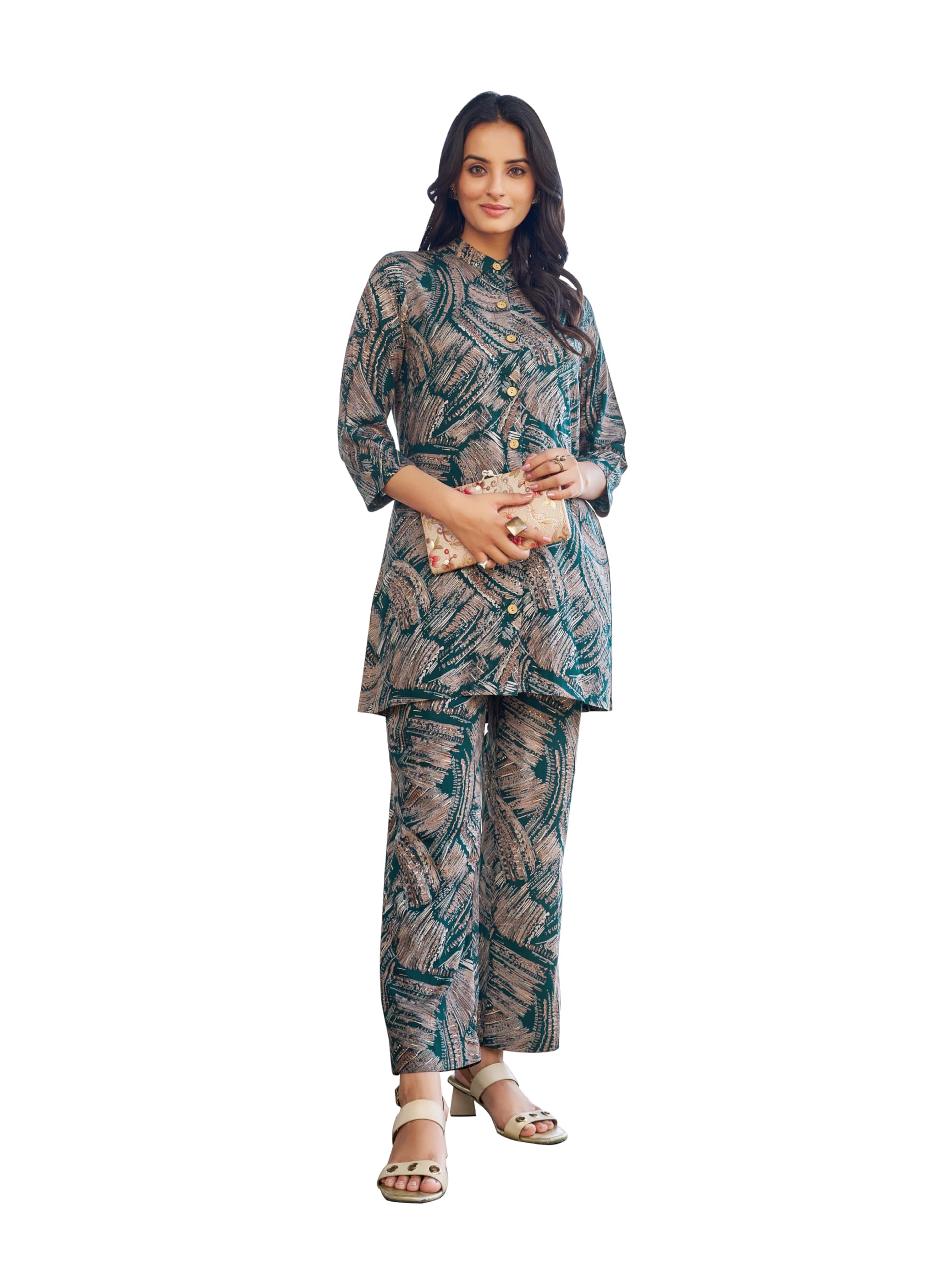 Women's Printed Viscose Rayon Teal Shirt Trousers Co-Ords(VC_5001CO)-image-32
