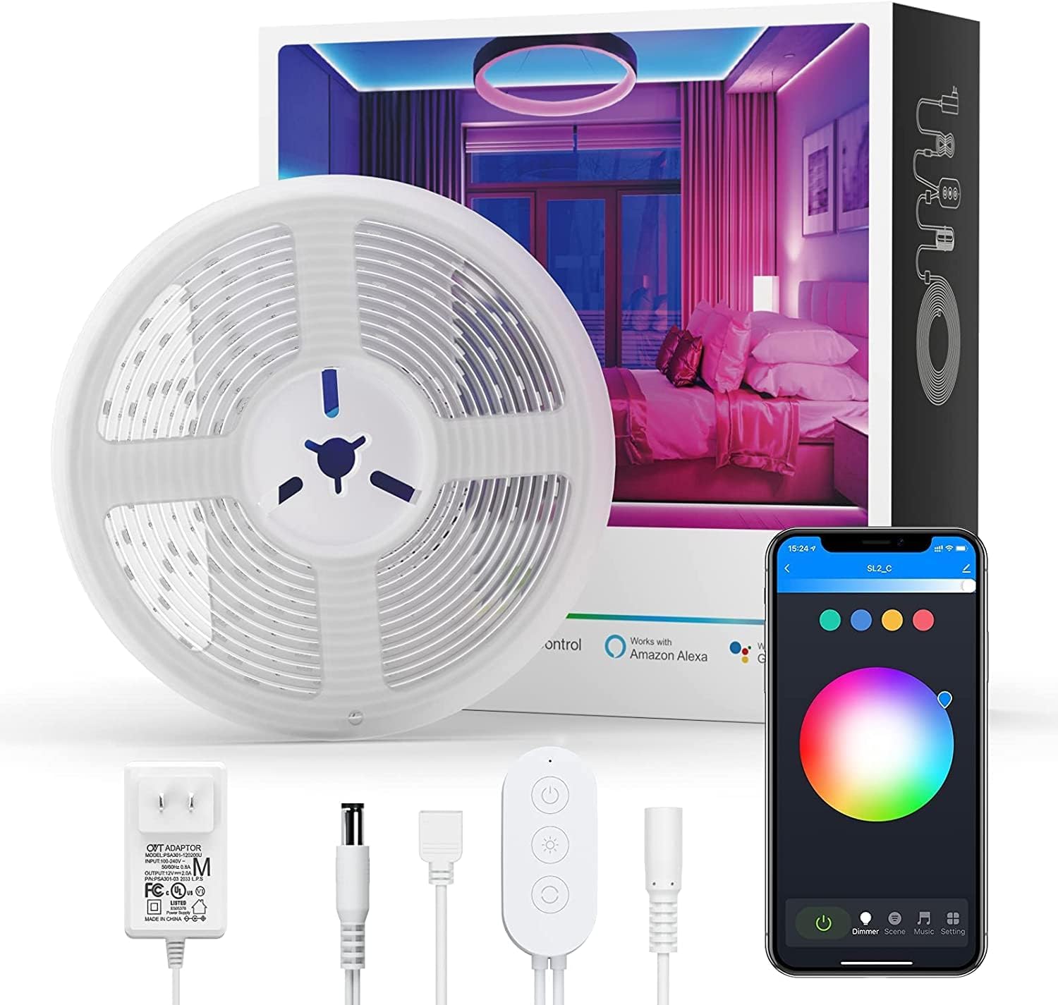 ABS White Smart WiFi Mobile/Voice/Music Control LED Strip Kit IP65 Waterproof -RGB Light Strip, 5 m, 300 LED with WiFi Controller, RF Remote, Power Supply 60W Work with Alexa, Google Assistant
