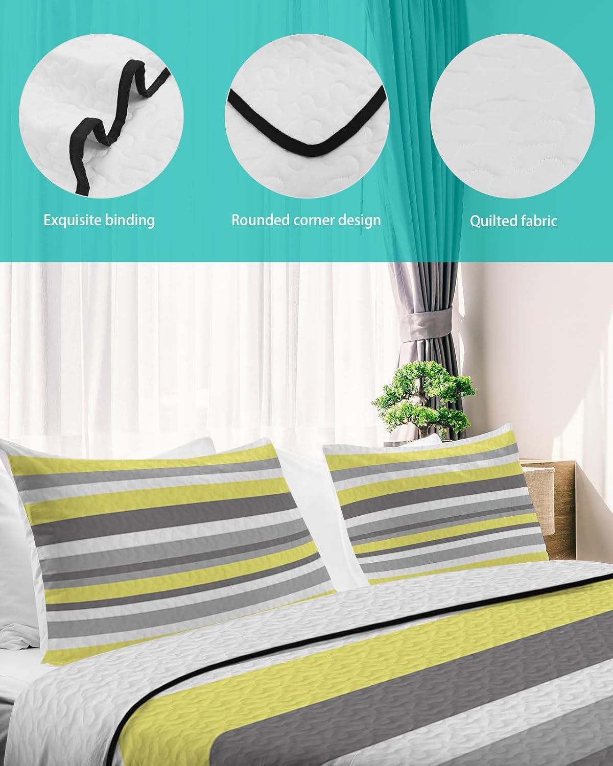 King Size Quilt Set, Yellow Gray Stripe Lightweight Bedspread Coverlet Set Soft Microfiber Summer Quilt with 2 Pillow Shams, Striped Art 3 Piece Comforter Bedding Set