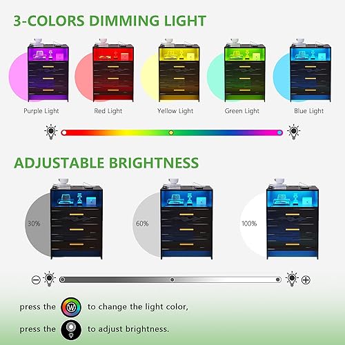 Miniatura 47 de HNEBC Mesita de noche LED, mesita de noche negra con estación de carga, USB + tipo C + carga inalámbrica, mesita de noche inteligente con sensor