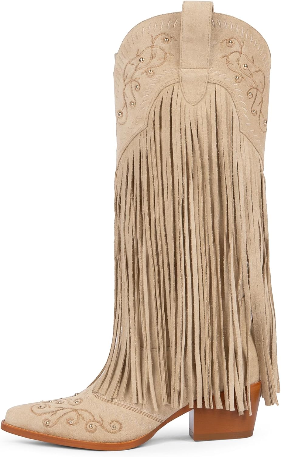 Modatope Cowboy Boots for Women Fringe Knee High Boots Embroidered Cowgirl Western Pointed Toe Chunky Heel Slip on Wide Calf Cowboy Boots - Image 4