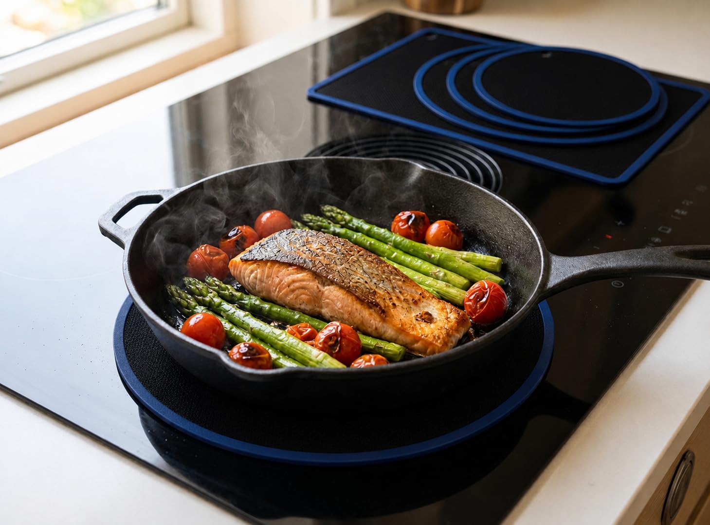 HOM&KITCHEN Tappetini Protezione Piano Induzione Set 5 Pezzi | Silicone + Fibra di Vetro, Fino a 300°C, Antigraffio e Antimacchia, 25x35 cm + 2x22 cm + 2x24 cm, Compatibili Solo Induzione
