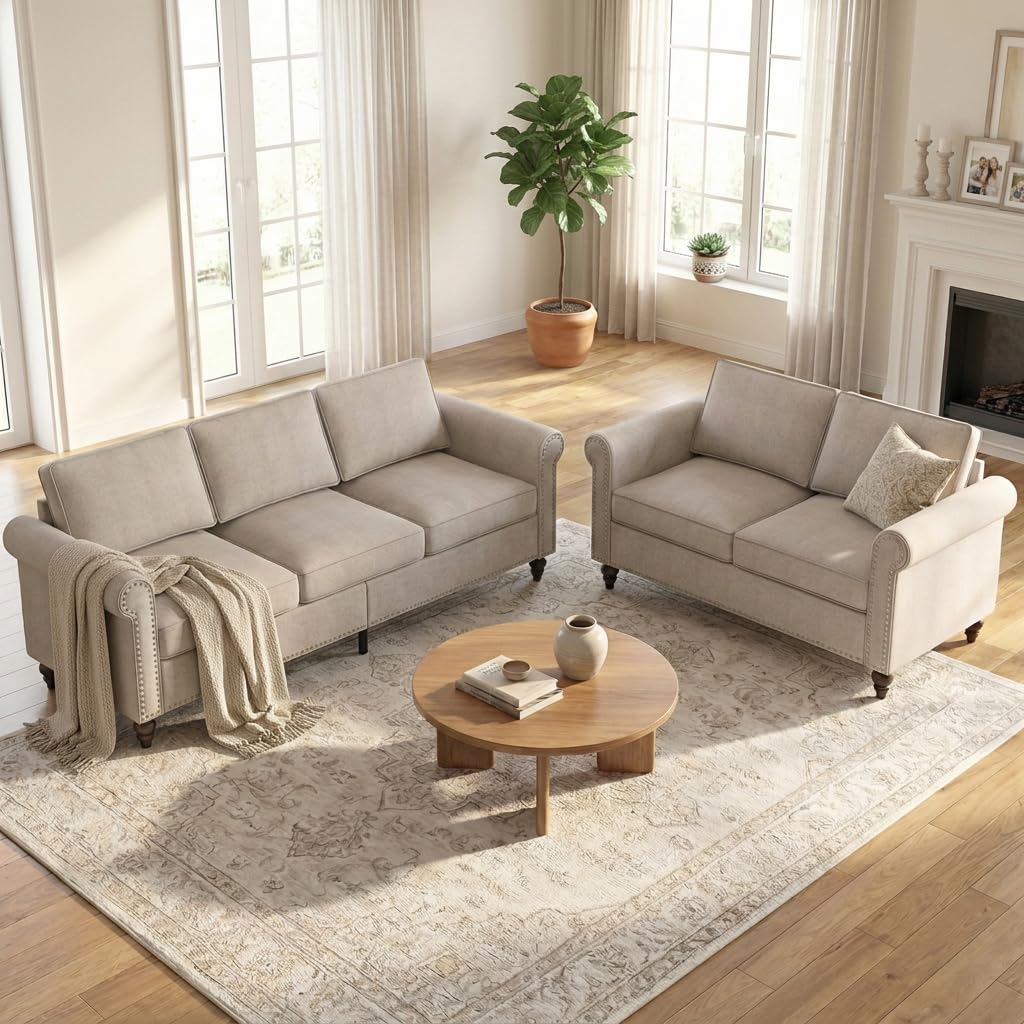Amazon.com: PUREMIND 2 PCS Living Room Sofa Set, Solid Wood Legs