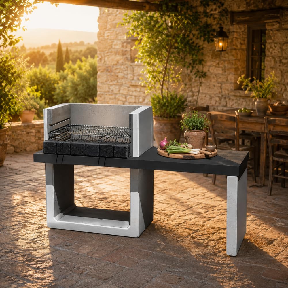 SAROM Porto New, Barbecue in Calcestruzzo Alleggerito con Tavolo Laterale Integrato, Griglia Cromata 67x40 cm, 3 Altezze Regolabili, Safe Grill, 160x51,5x96,8 cm, 259 kg