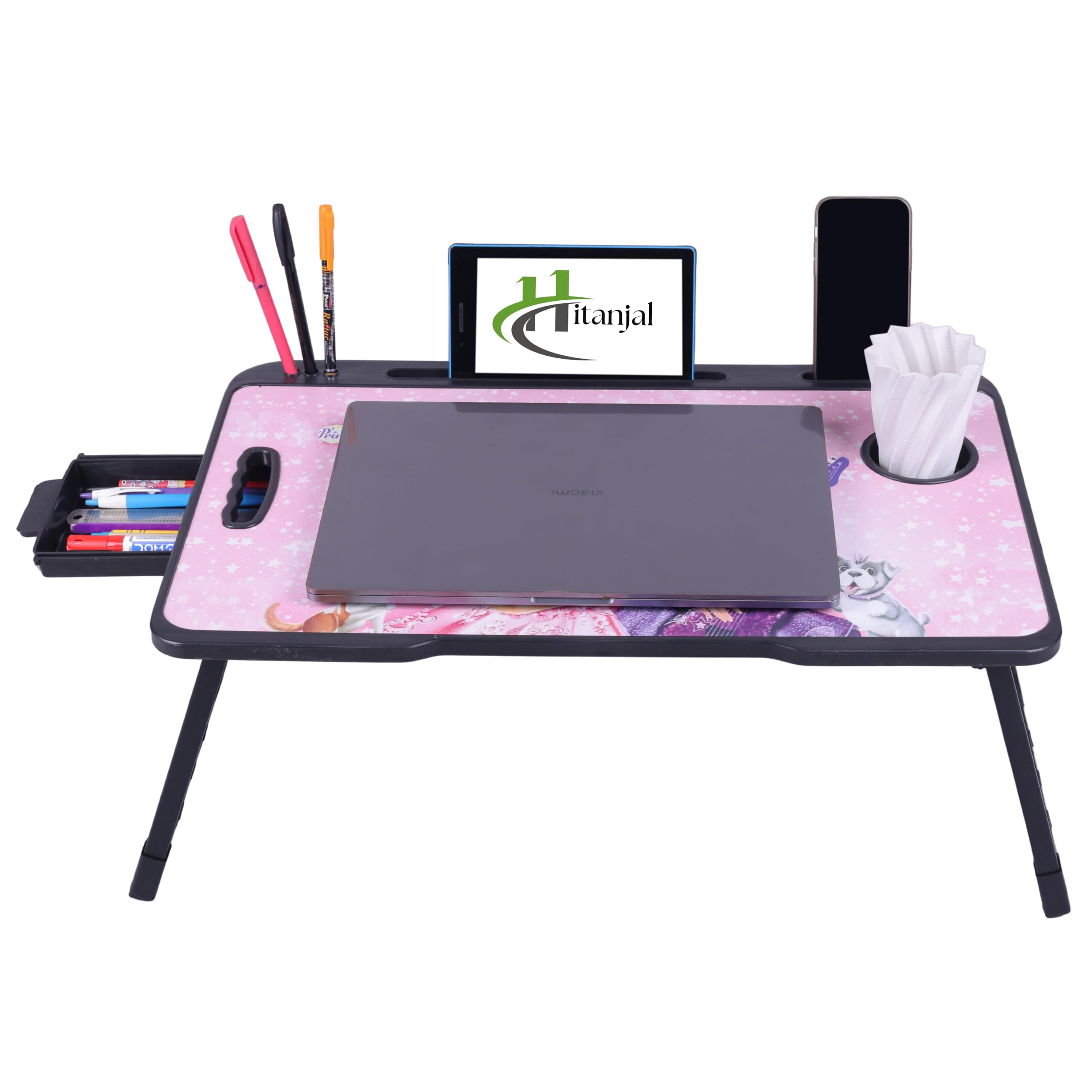 Hitanjal Foldable Wooden Mini Laptop Table for Bed, Study Table with Drawer, Mobile Holder (Barbee) 4