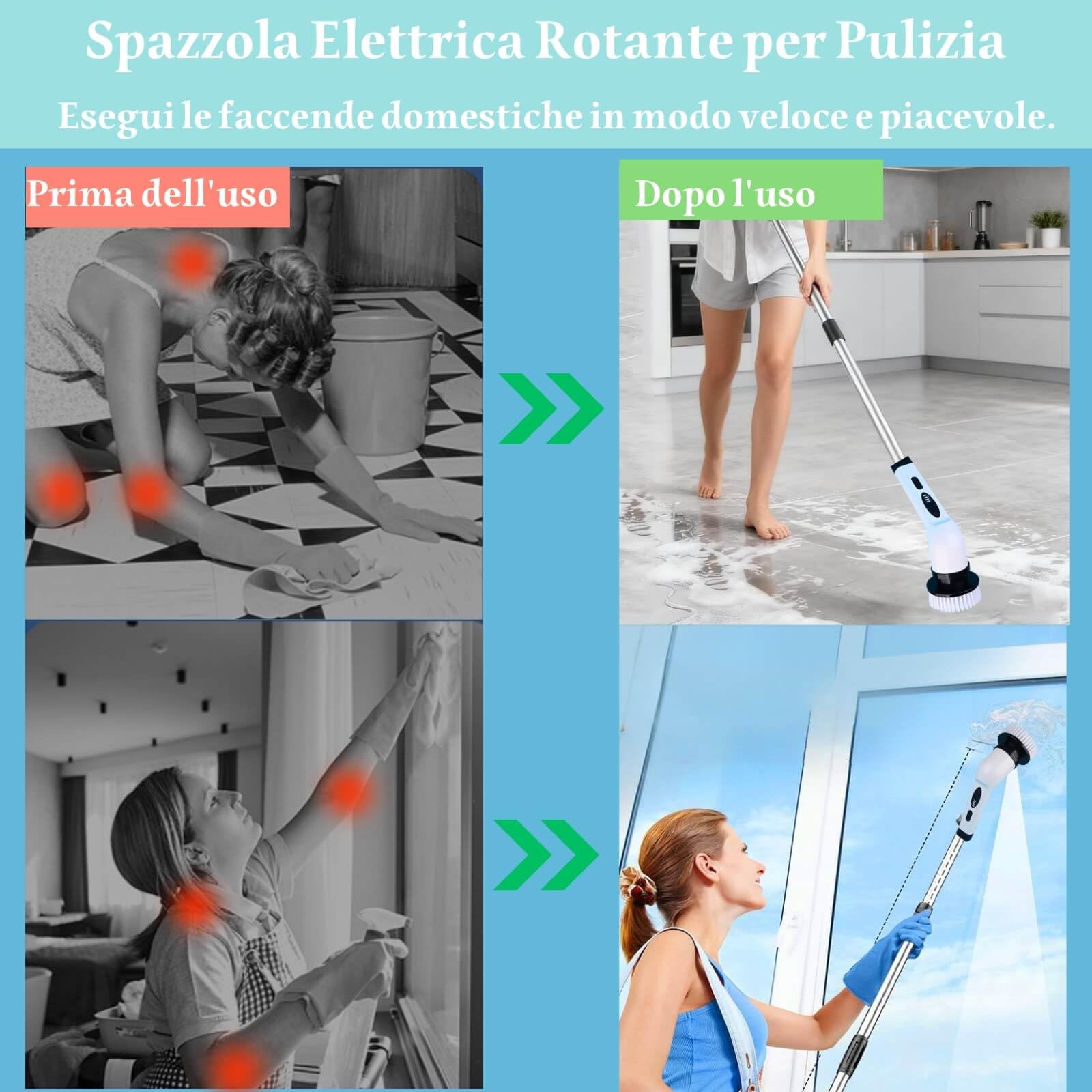 Spazzola Elettrica Rotante per Pulizia Casa, Spazzola Rotante Pulizia Casa, 9 Testine Sostituibili, 3 Velocità, Impermeabile, Ricaricabile USB-C per Bagno, Cucina, Pavimenti, Piastrelle, Auto