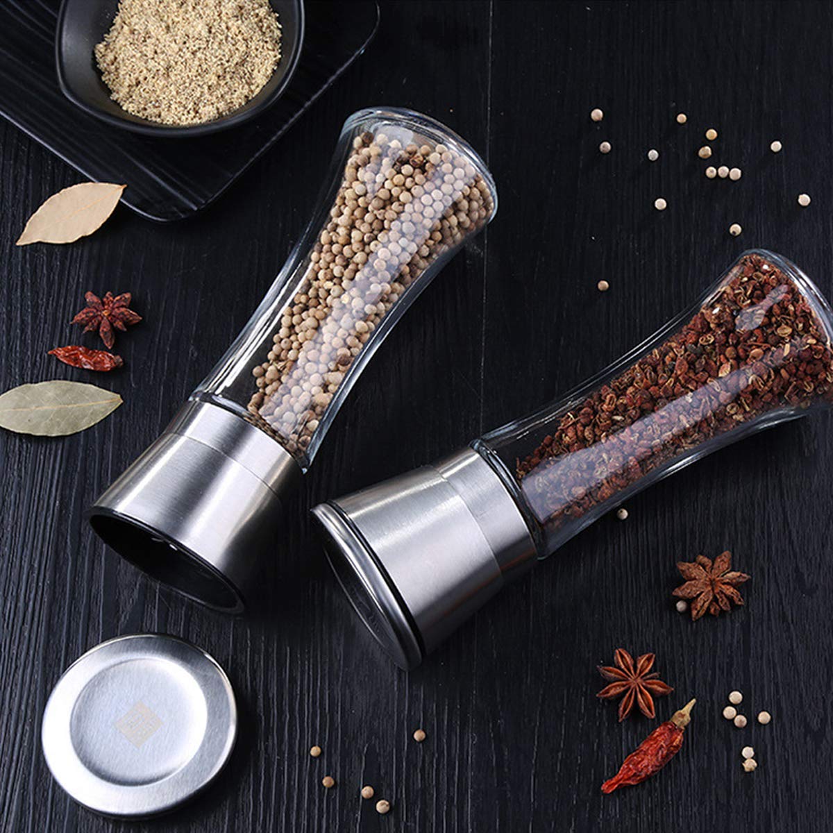 Elegante juego de 2 molinillos de pimienta y sal, el mejor molinillo de especias con tapa de acero inoxidable cepillado, cuchillas de cerámica, grosor ajustable y cuerpo de vidrio alto recargable con