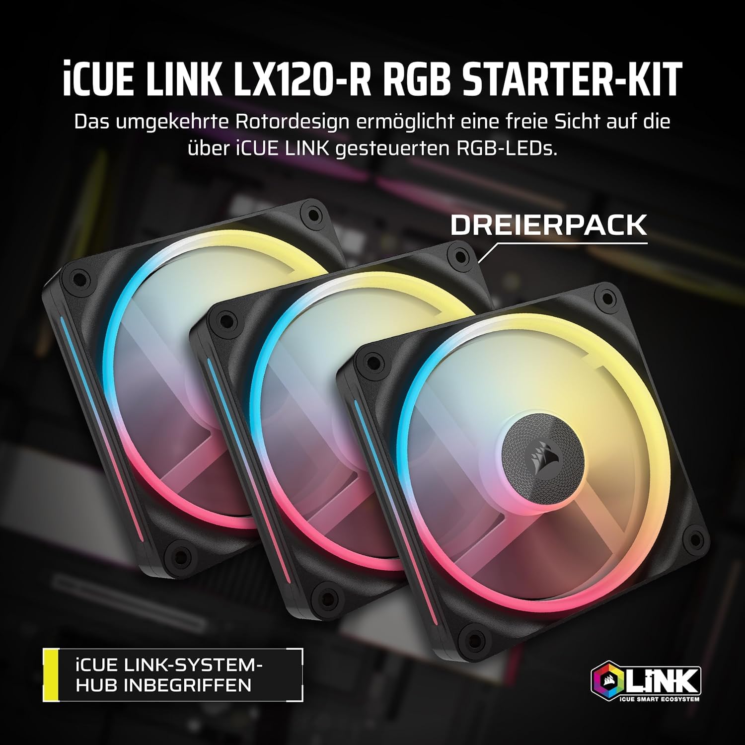 CORSAIR iCUE LINK LX120-R RGB 120mm PWM-Umkehrlüfter – Dreifach-Lüfter-Kit – Geräuscharm, CORSAIR Magnetische Kuppellagerung, Zwei Lichtschleifen, QuikTurn™-Schrauben, Null-Drehzahl-Modus – Schwarz