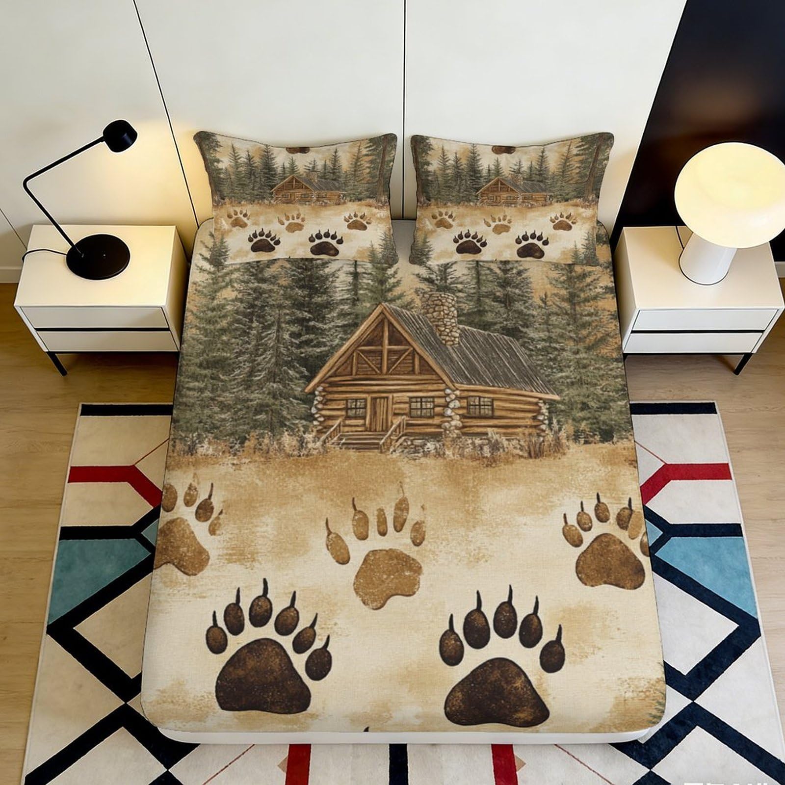 3D Printed Cabin Forest Fitted Sheet Microfiber Non Slip Bear Paw Mattress Cover for Bedroom Guestroom Decor 90x200x25cm