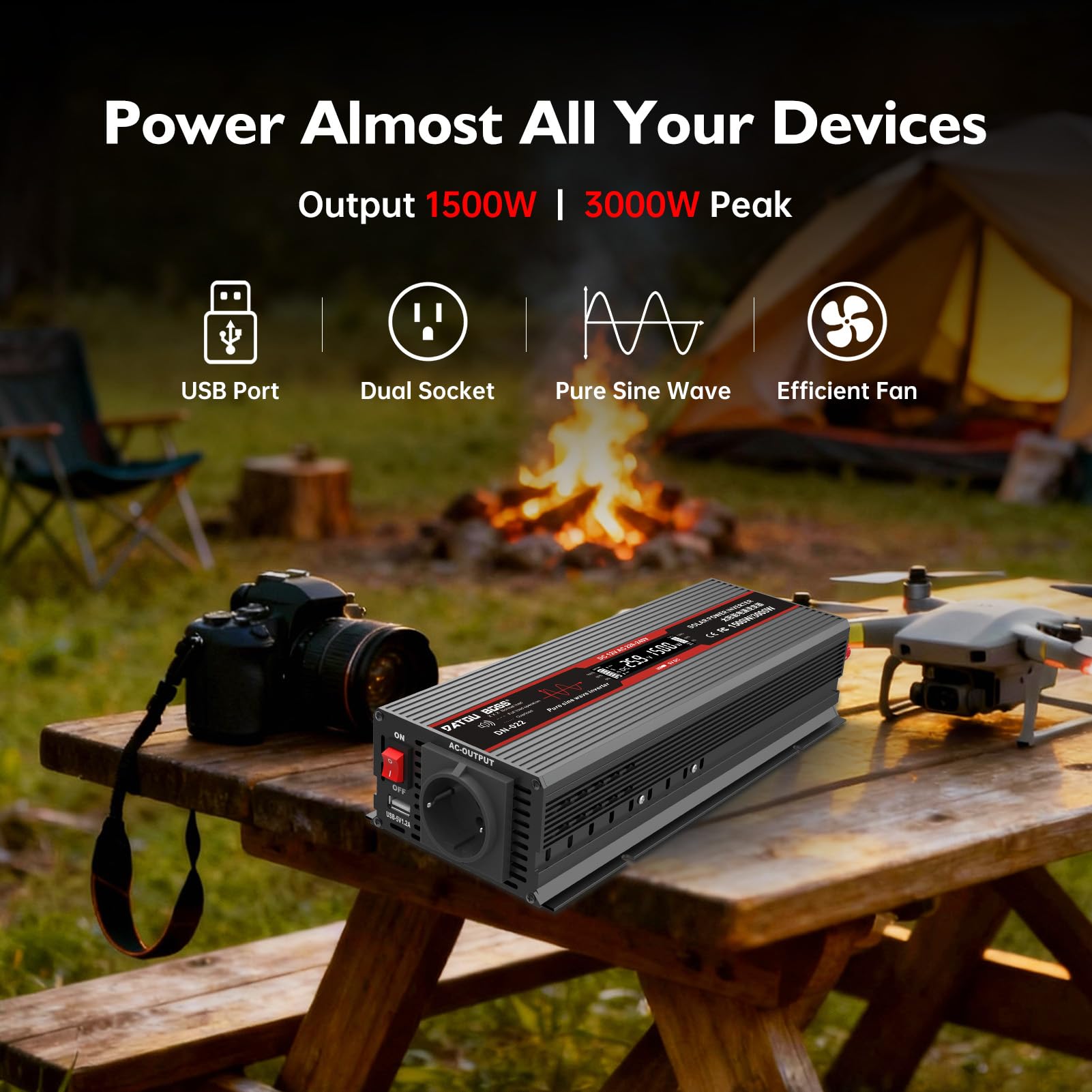DATOUBOSS Przetwornica napięcia 24 V na 230 V, czysta sinusoidalna 1500 W/3000 W, z wyświetlaczem LCD, portami USB i gniazdami UE do domów, przyczep kempingowych