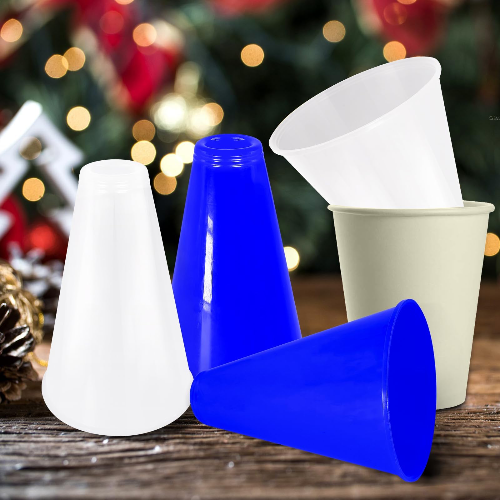 Lot de 2 mégaphones en plastique pour loisirs créatifs, accessoire de fête, école, activités de plein air, fêtes, jeux de sport (blanc, bleu)