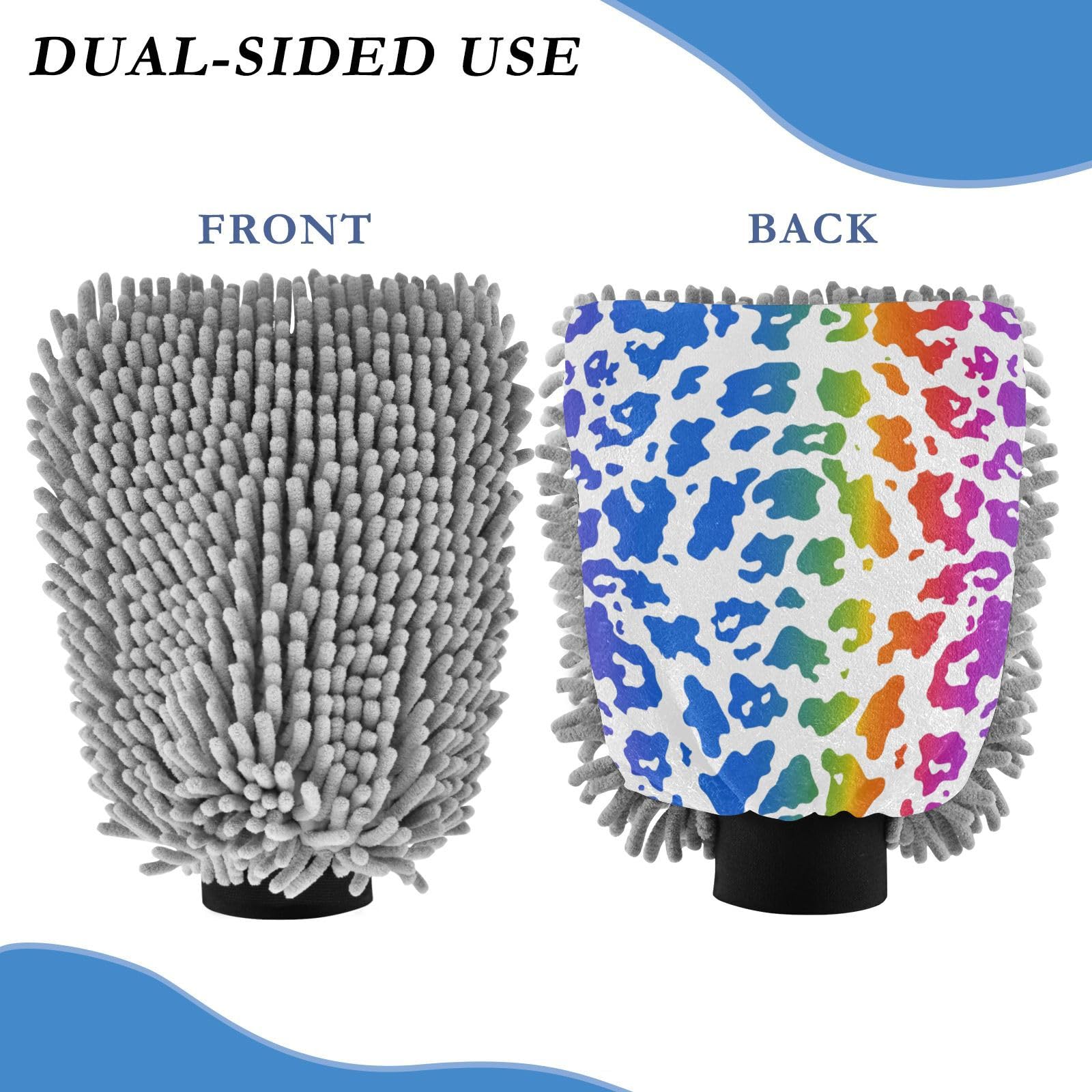 ALAZA Leopard Print Rainbow Cheetah Car Wash Mitt Scratch Free, 2 Pack Absorbent Microfiber/Chenille Washing & Drying Mitts, L