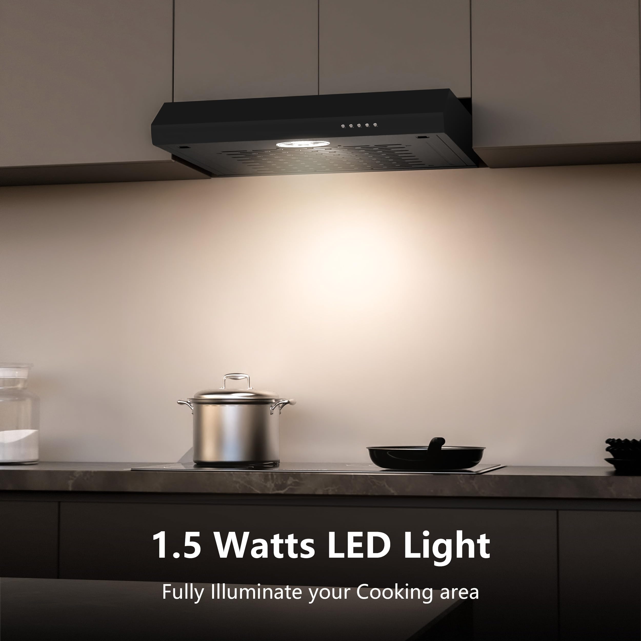 FIREGAS Okap kuchenny 60 cm, wywiewowy/obiegowy, 3 poziomy mocy, zintegrowana szafka pod szafkę, 1 światło LED (czarny)