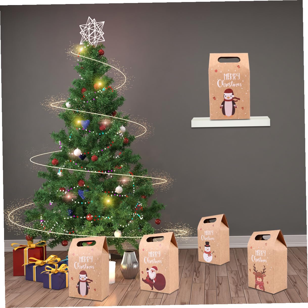 TOPPERFUN Bolsas de Papel Kraft para Navidad 24 Piezas 4 Diseños Muñeco de Nieve Papá Noel Pingüino Alce para Galletas y Dulces Reutilizables y Plegables Adecuado para Embalaje