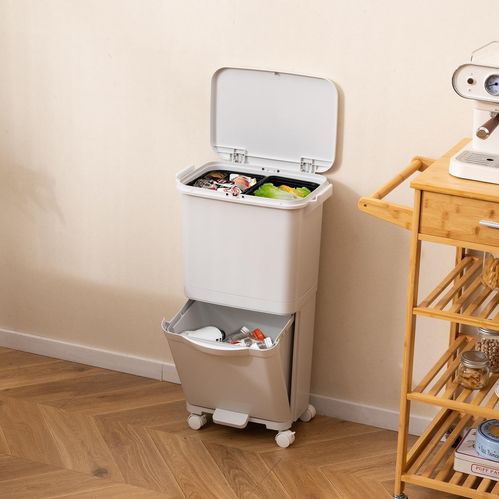COSTWAY 40L Pattumiera Differenziata a 3 Scomparti, Bidone per Spazzatura con Cestino Rimovibile e 4 Ruote, Secchio Rifiuti a Pedale per Cucina Sala da Pranzo Soggiorno (Bianco)