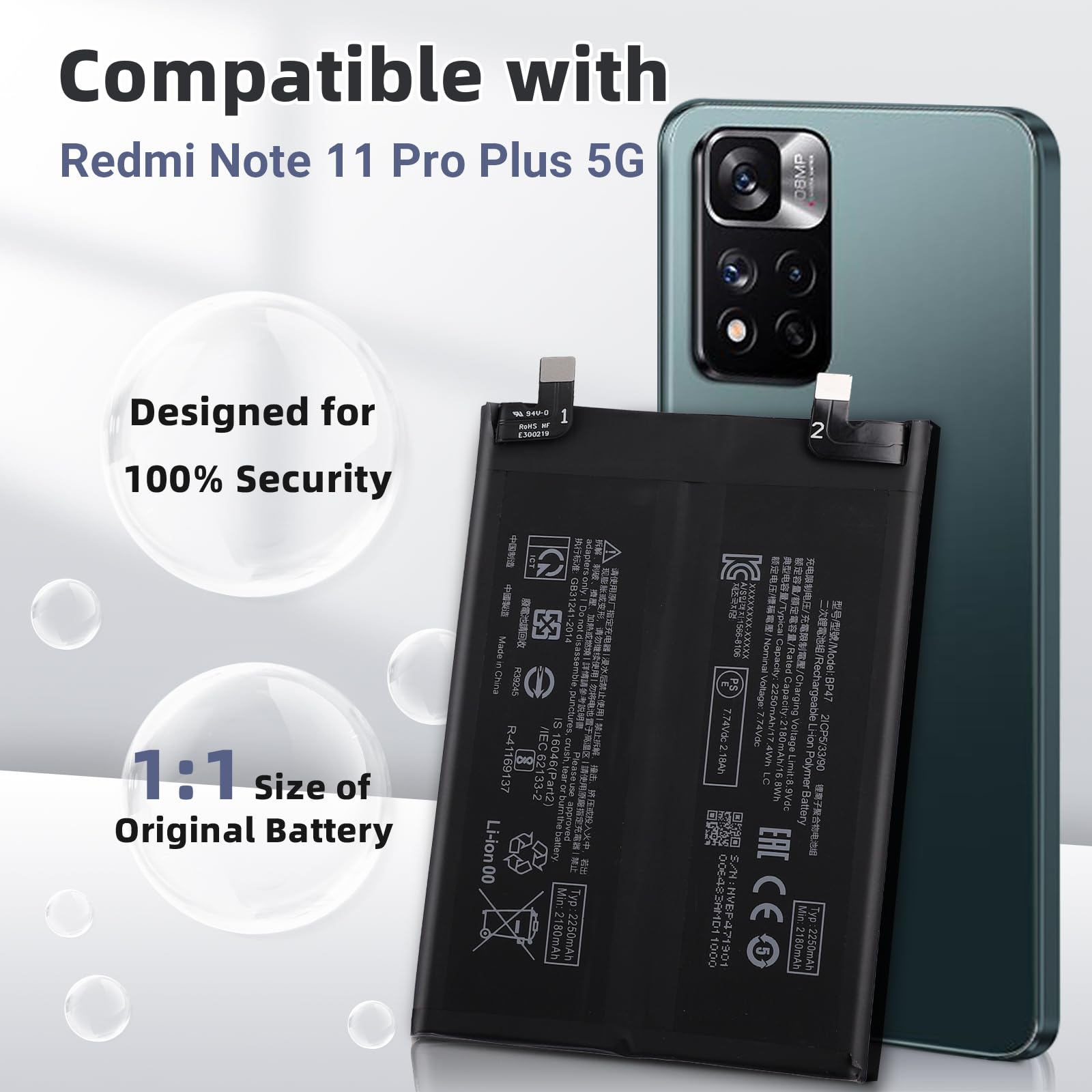 Batteria di ricambio BP47 compatibile per Xiaomi Redmi Note 11 Pro Plus 5G 2021 21091116UG con kit di strumenti gratuito
