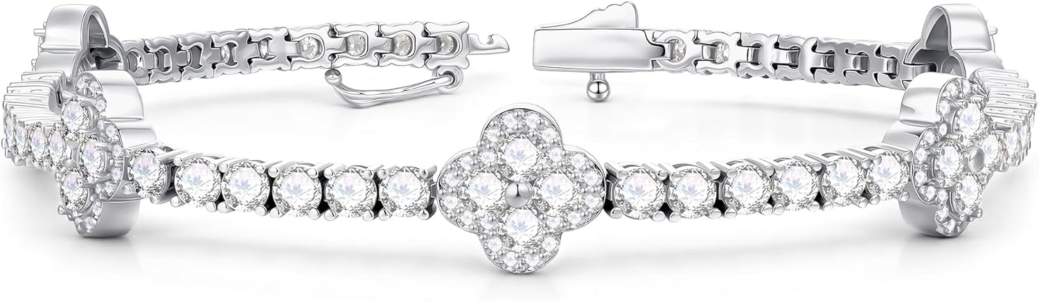 MOOSEA Mothers Day Gifts - Moissanite Tennis Bracelet for Women, 6.28-6.68 ct.tw Lab Created Moissanite, 925 Sterling Silver Hypoallergenic Clover Tennis Bracelet Anniversary Birthday Gift 7.0-7.5INCH