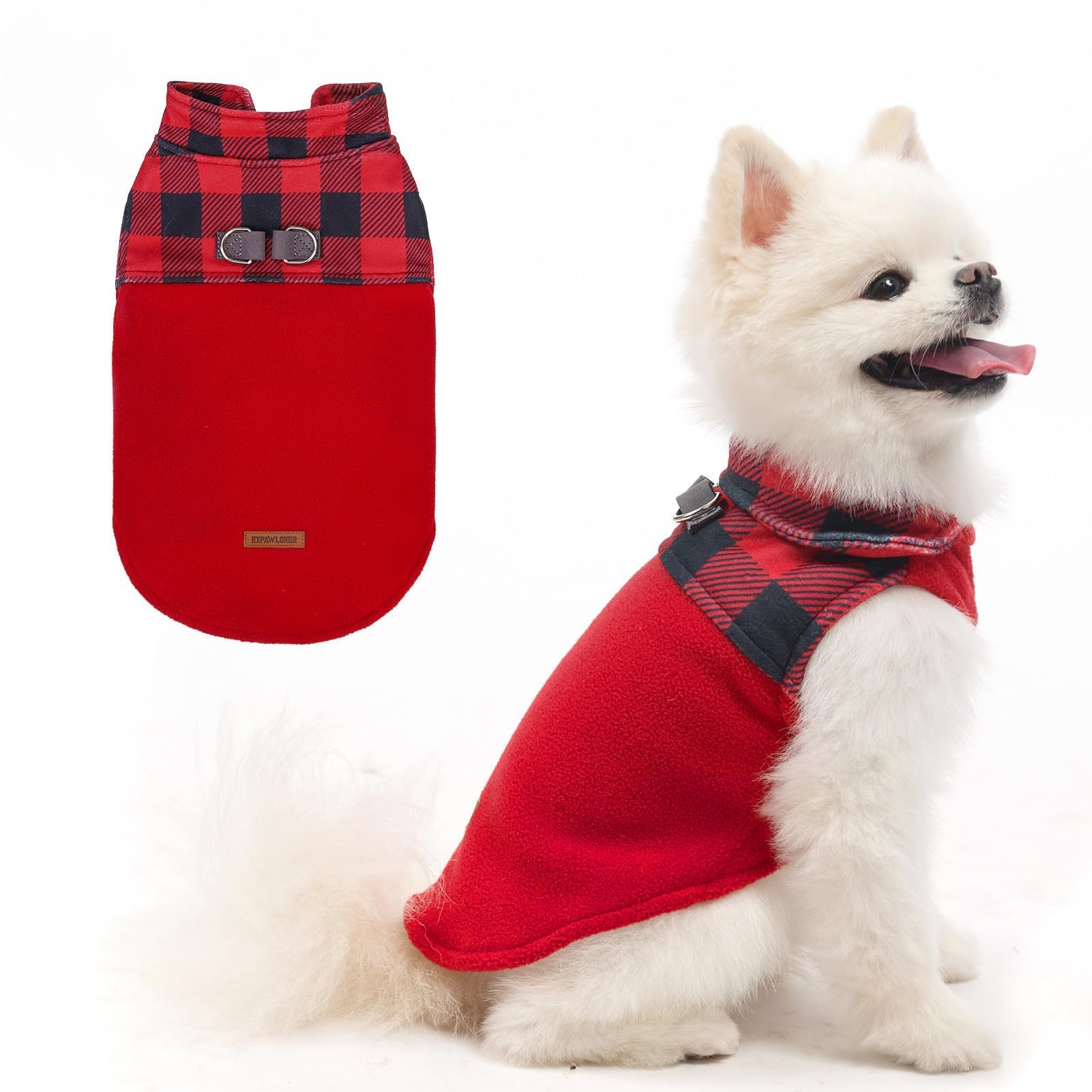 EXPAWLORER Christmas Fleece Dog Sweater for Small Medium Dogs - Classic Plaid Dog Jacket, Dog Winter Coat Vest with 2 D-Rings for Leash, Cold Weather