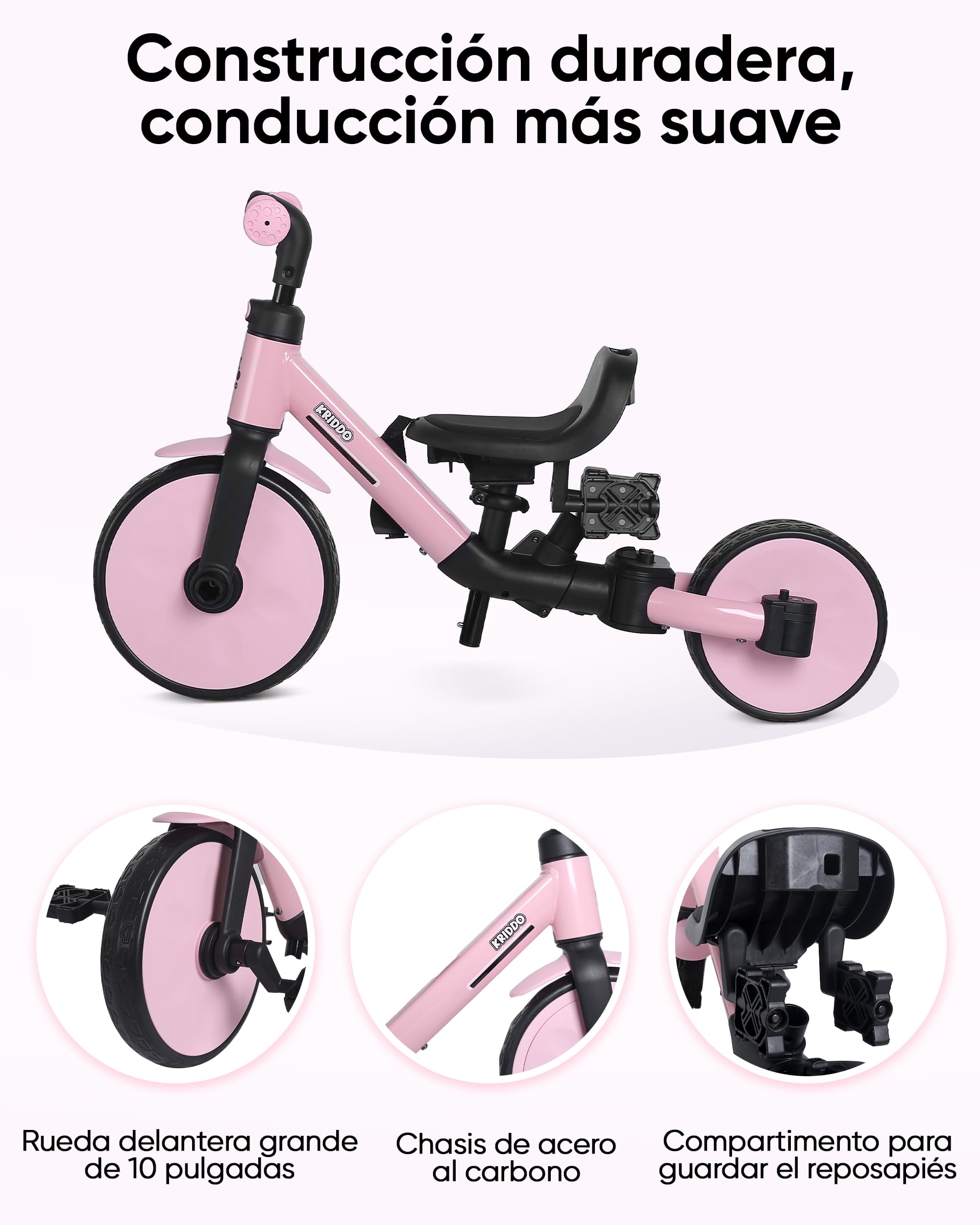 KRIDDO Triciclo Evolutivo 8 en 1 para Niños de 18 Meses a 5 Años, con Barra de Empuje, Triciclo y Bicicleta con o sin Pedales, Arnés de 5 Puntos Mejorado, Capota Plegable y Bolsa, Rosa