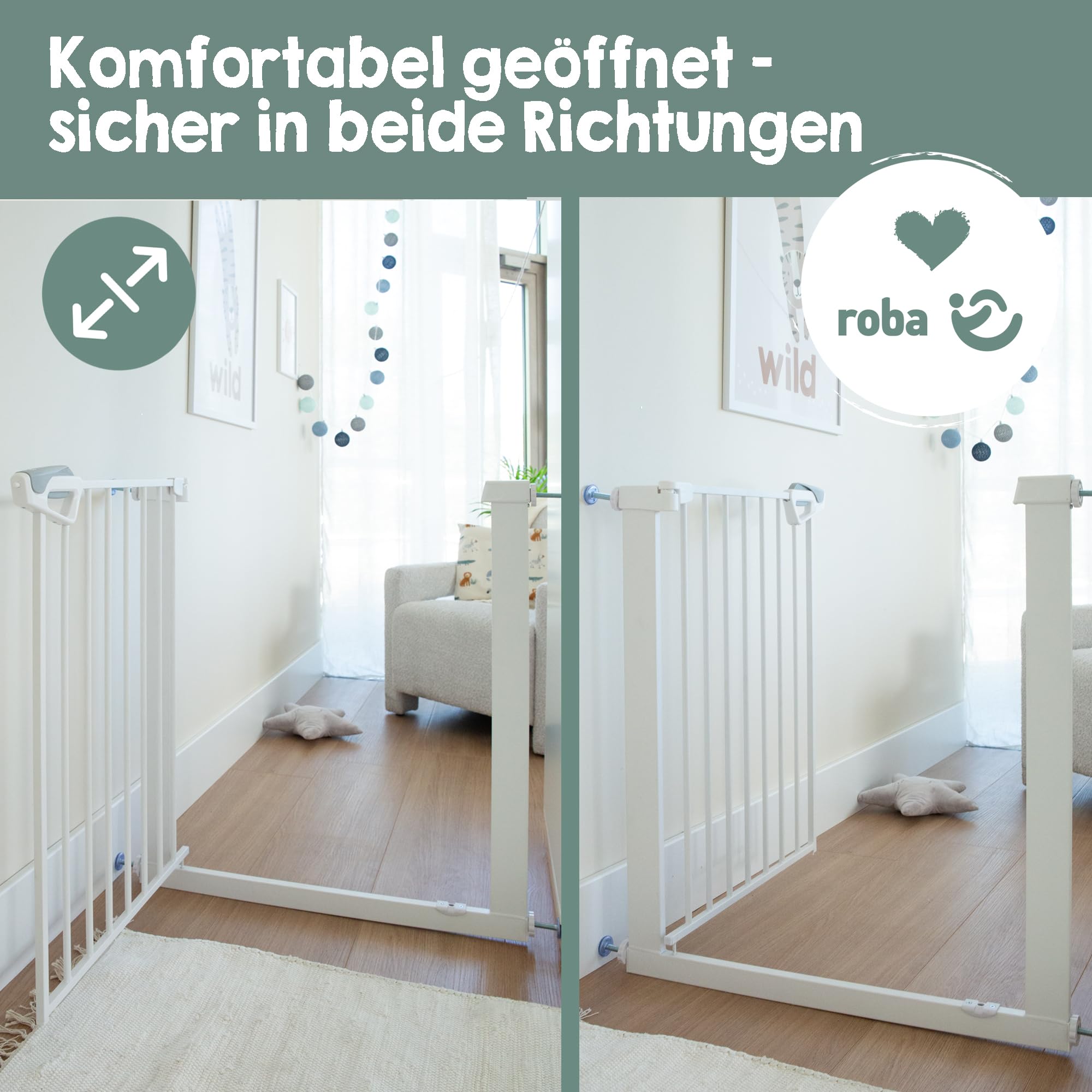 roba barrera de seguridad easySafe+ para puertas y escaleras metal ajustable 75-82 cm extensible hasta 110 cm TÜV cierre con indicador tope 90° sin taladrar para niños 0-24 meses blanco