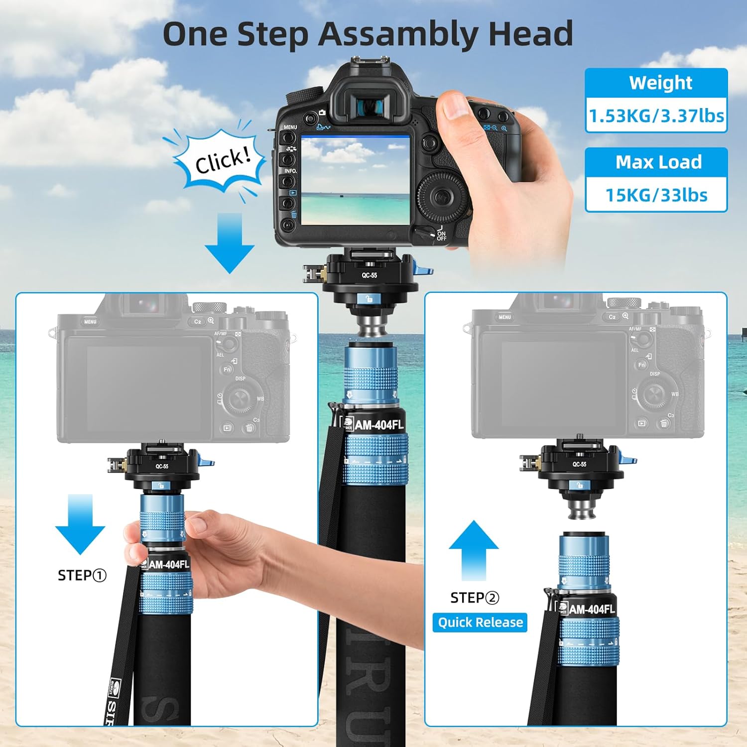 SIRUI 75.8" Monopod with Feet, Professional Aluminum Travel Monopod for Cameras with Quick Release Plate, Max Load 33lbs, Compatible with Sony Canon Nikon DSLR Camera, AM-404FL+QC-55