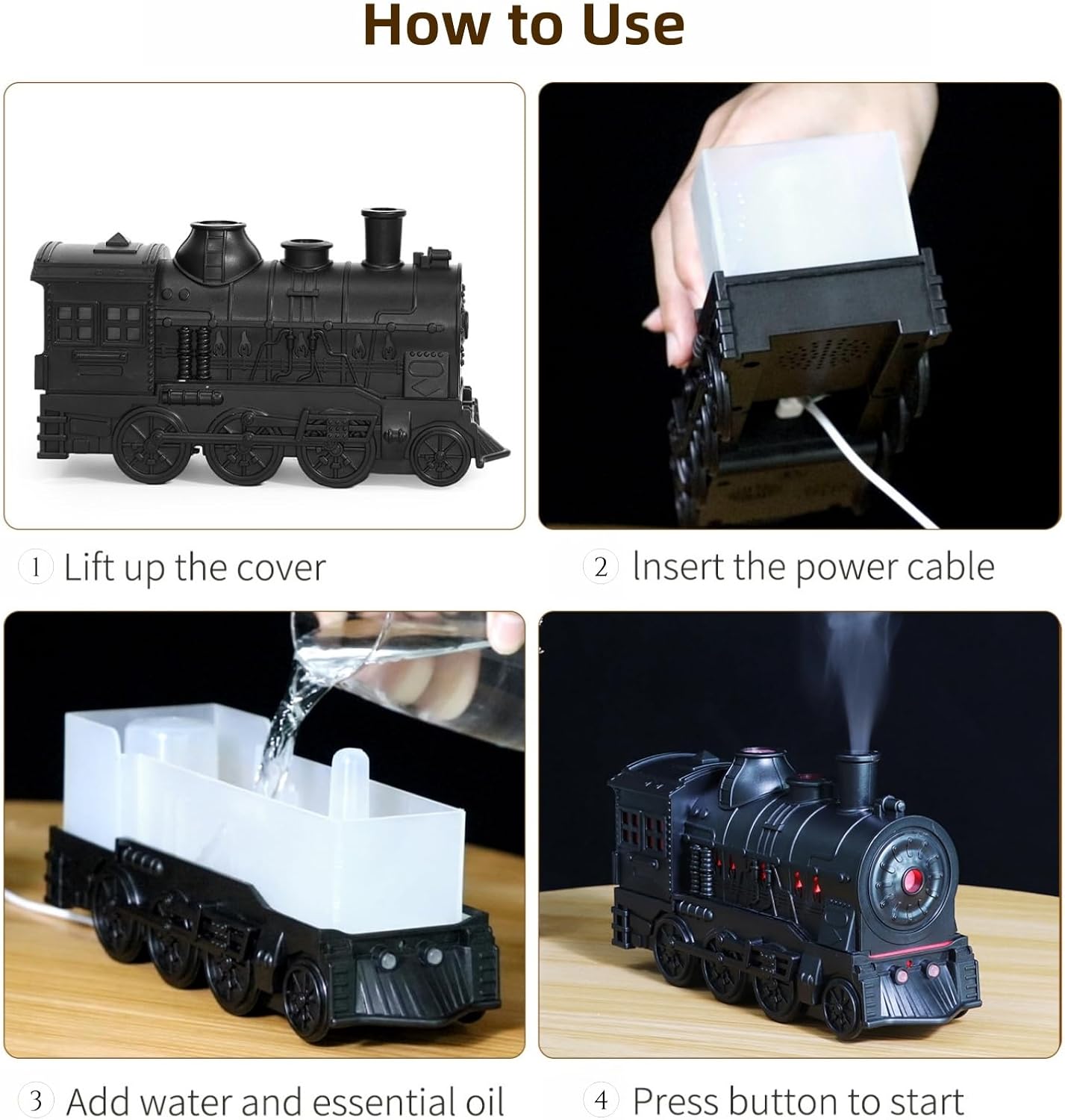 Train Diffuser, Train-Shaped Essential Oil Diffuser, Cool Mist Humidifier, Dual-Color LED Night Light, 300ml Capacity with Dual Mist Modes, Home Decor with 2-8Hour Timer (Bronze)
