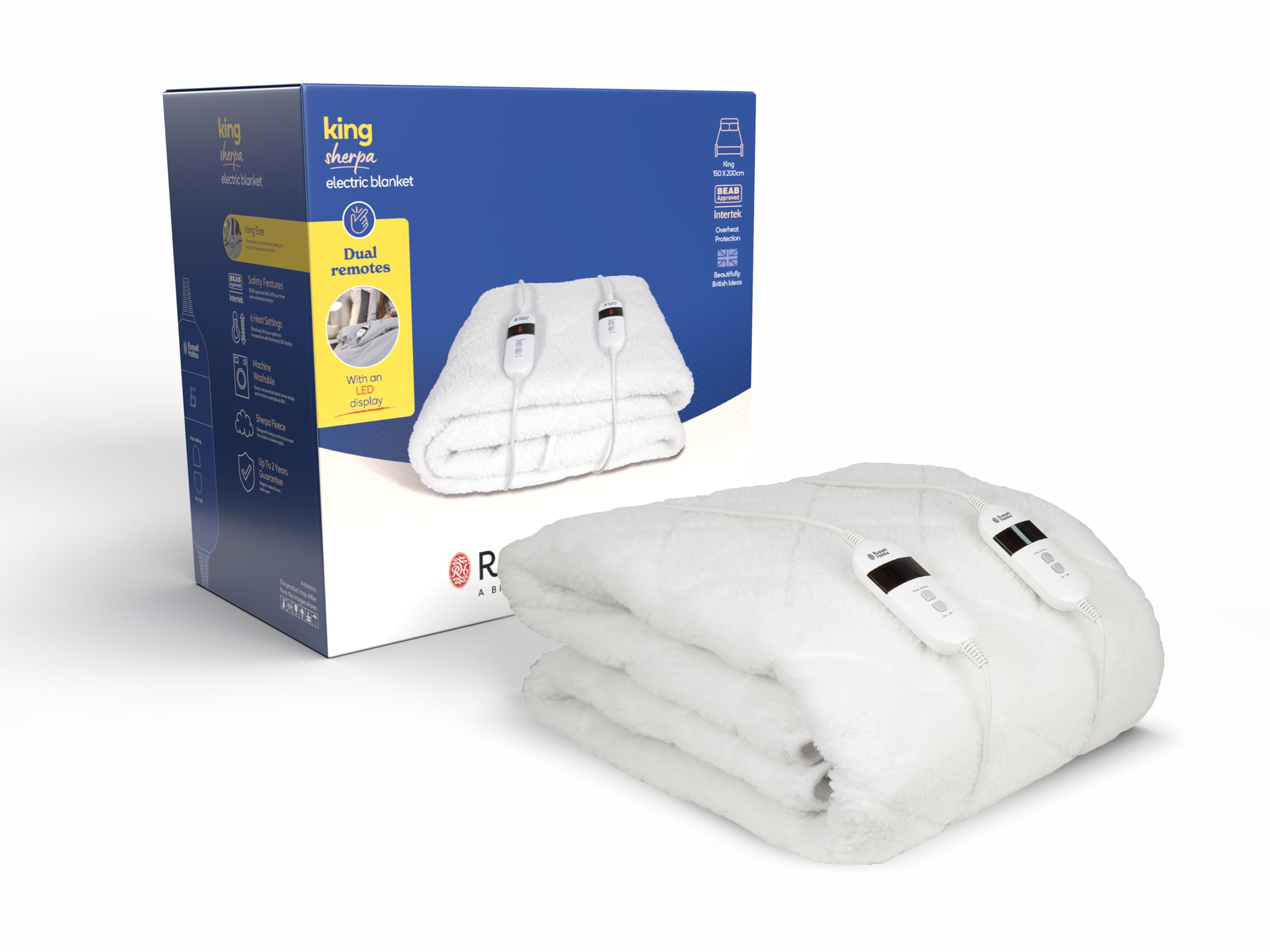Russell Hobbs Electric Blanket, Sherpa Fleece Heated King Fitted Underblanket, 3 Heat Sett...
