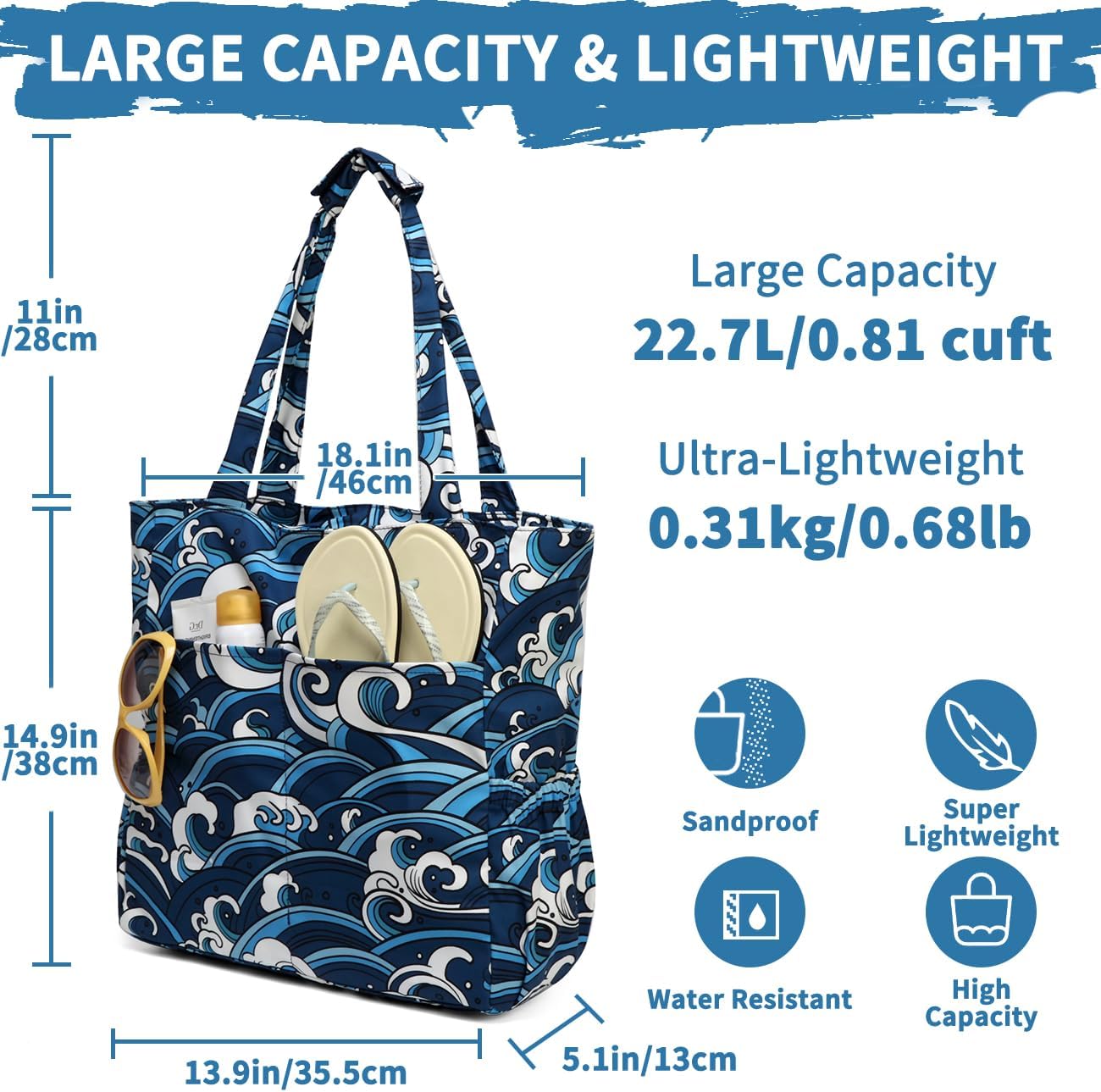 Kasqo Beach Tote Bag for Women, 22L Waterproof Sandproof Large Packable Travel Bag with Zipper for Pool Gym Shopping