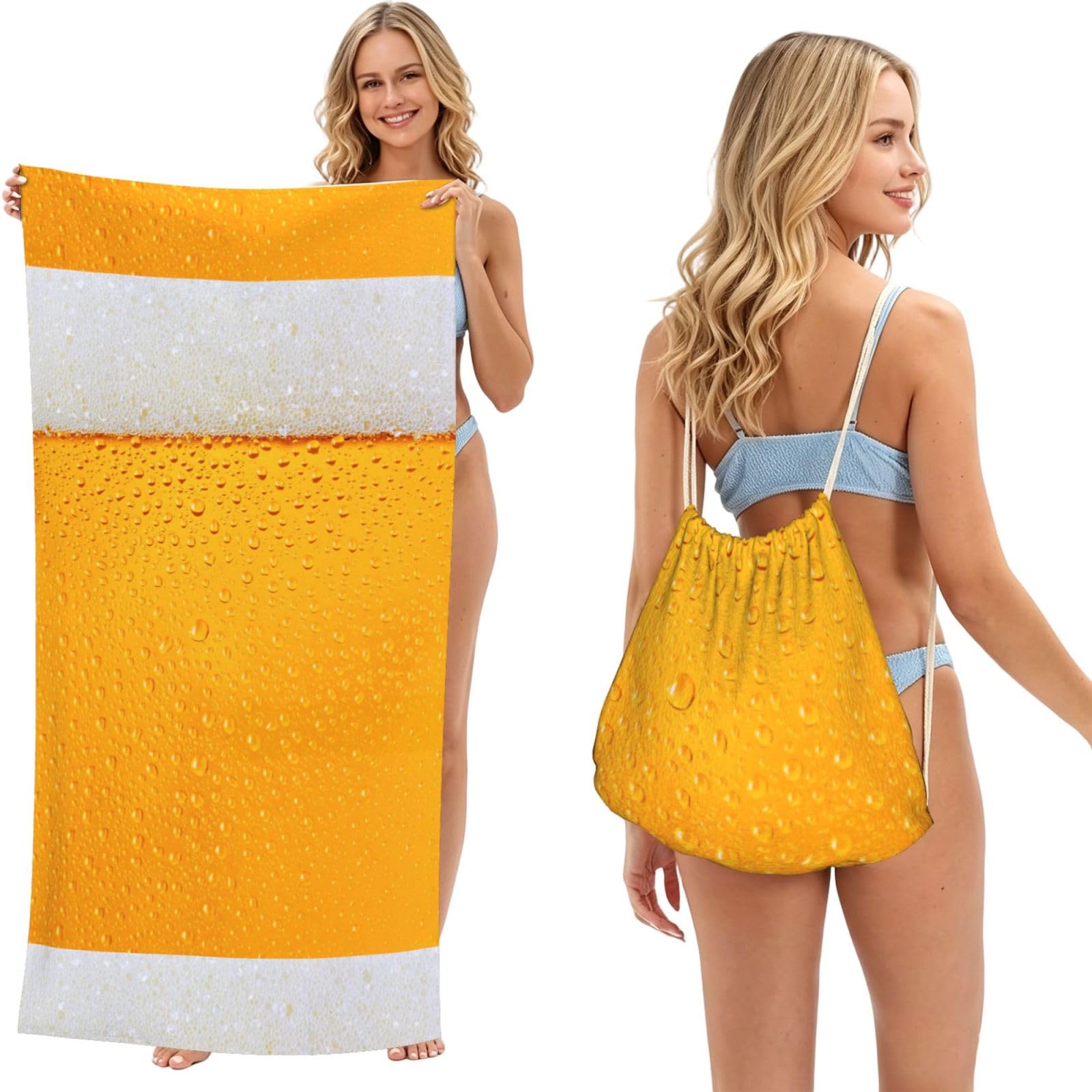 Poadnly As Picture Beer, 2 In 1 Packable Towel Bag, Beach Towels With Drawstring Backpack For Travel Holiday Camping
