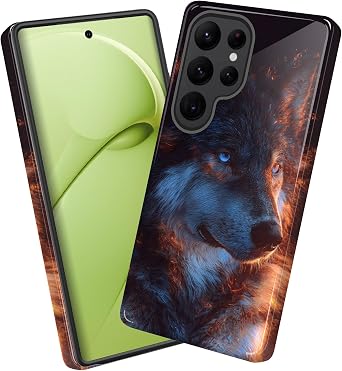for Galaxy S22 Ultra Case,Heavy Duty Dual Layer Hard PC & Soft Silicone Rugged Bumper Shockproof Protective Case for Samsung Galaxy S22 Ultra,Wolf with Fiery Orange Glow